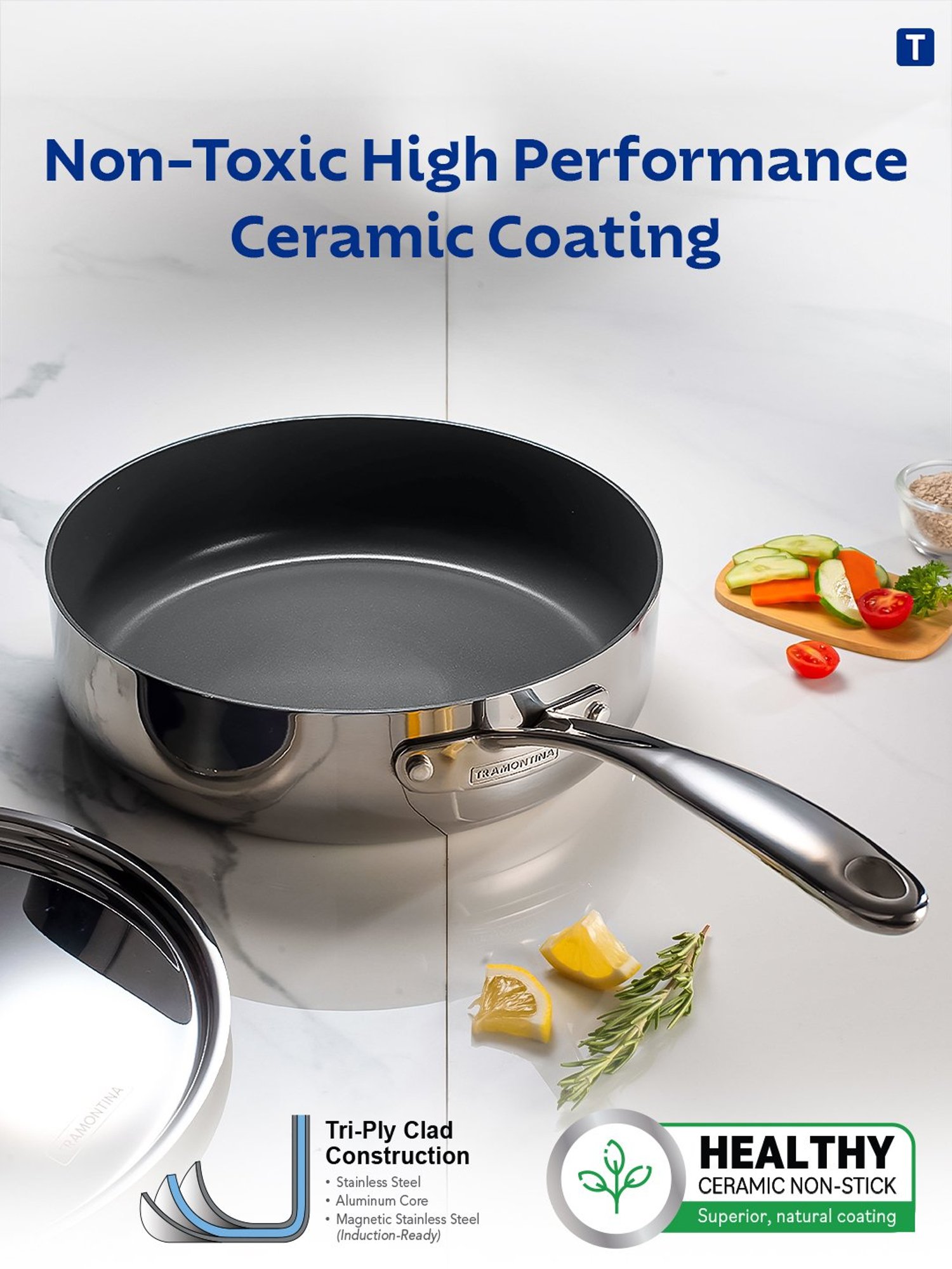 Tramontina Fusao Non-Toxic Triply Stainless Steel Ceramic Deep Saute Pan & lid 24cm/2.8L
