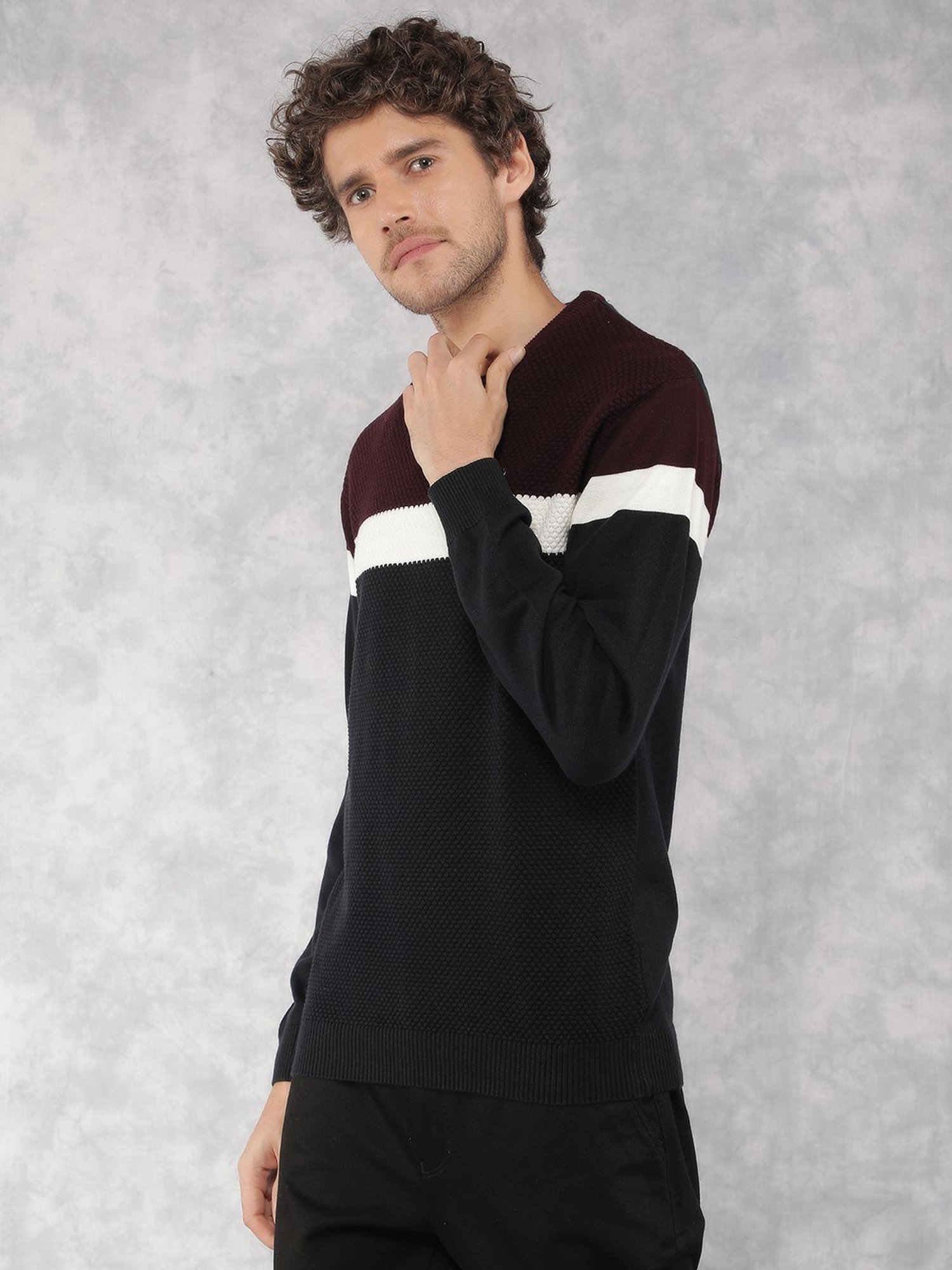 Crimsoune Club Wine Cotton Regular Fit Colour Block Sweater