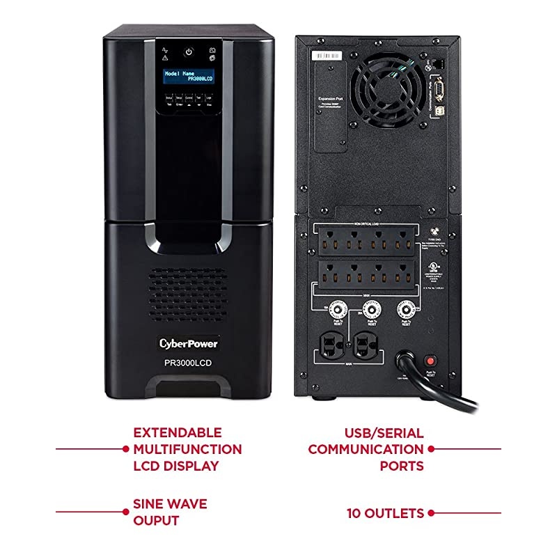 PR3000LCD Smart App Sinewave UPS System, 3000VA/2700W, 10 Outlets, AVR, Tower Black