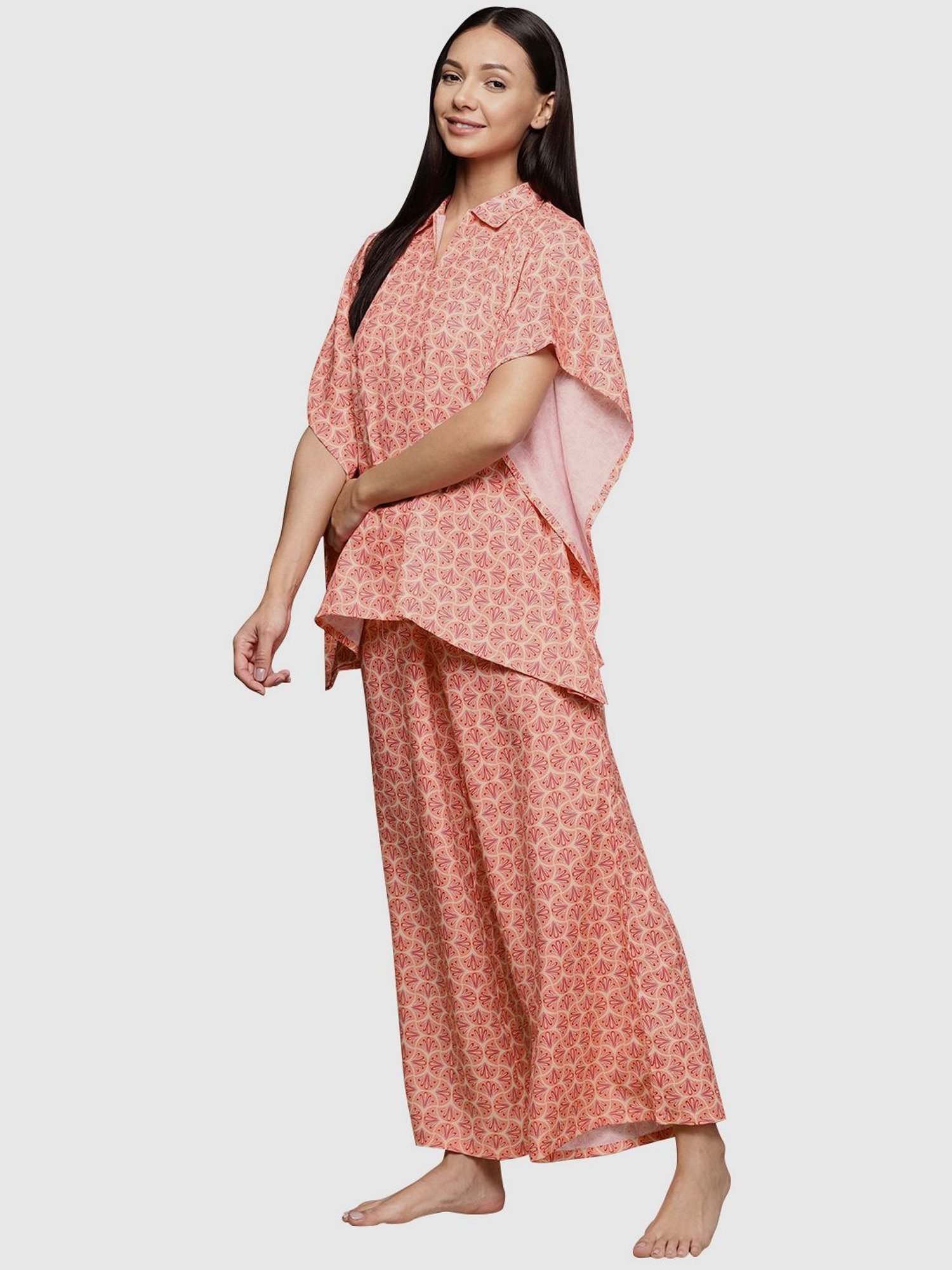 Ziyaa Orange Floral Print Kaftan Pyjama Set