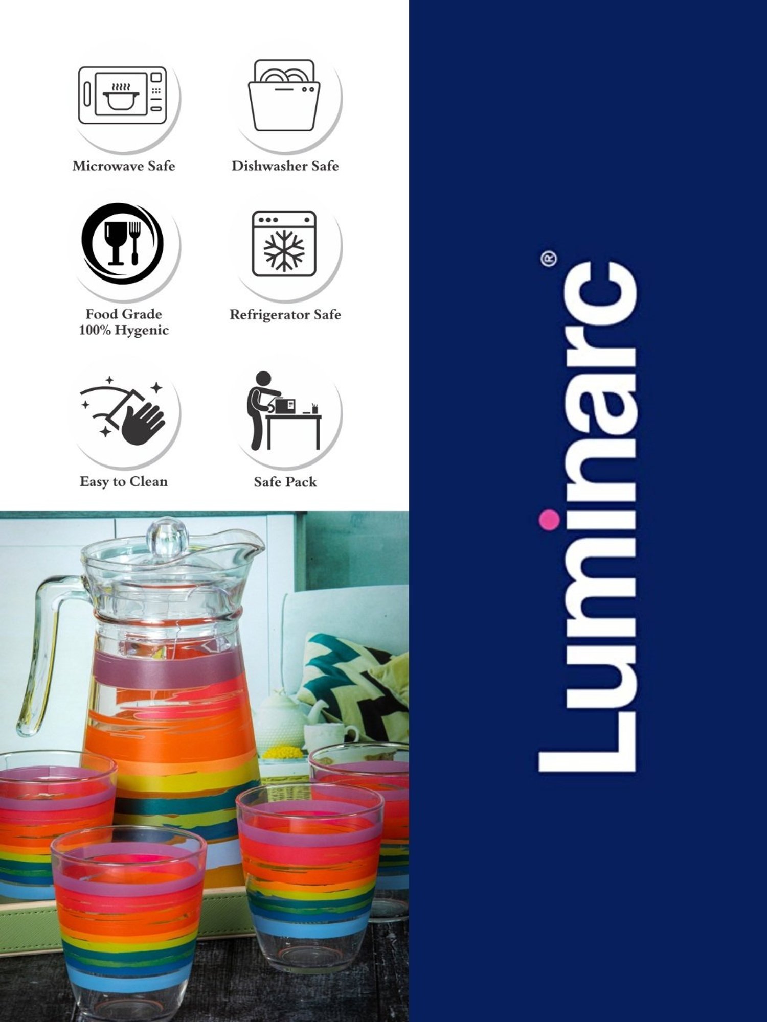 Luminarc Multicolor Glass Jug and Glass - Set of 6