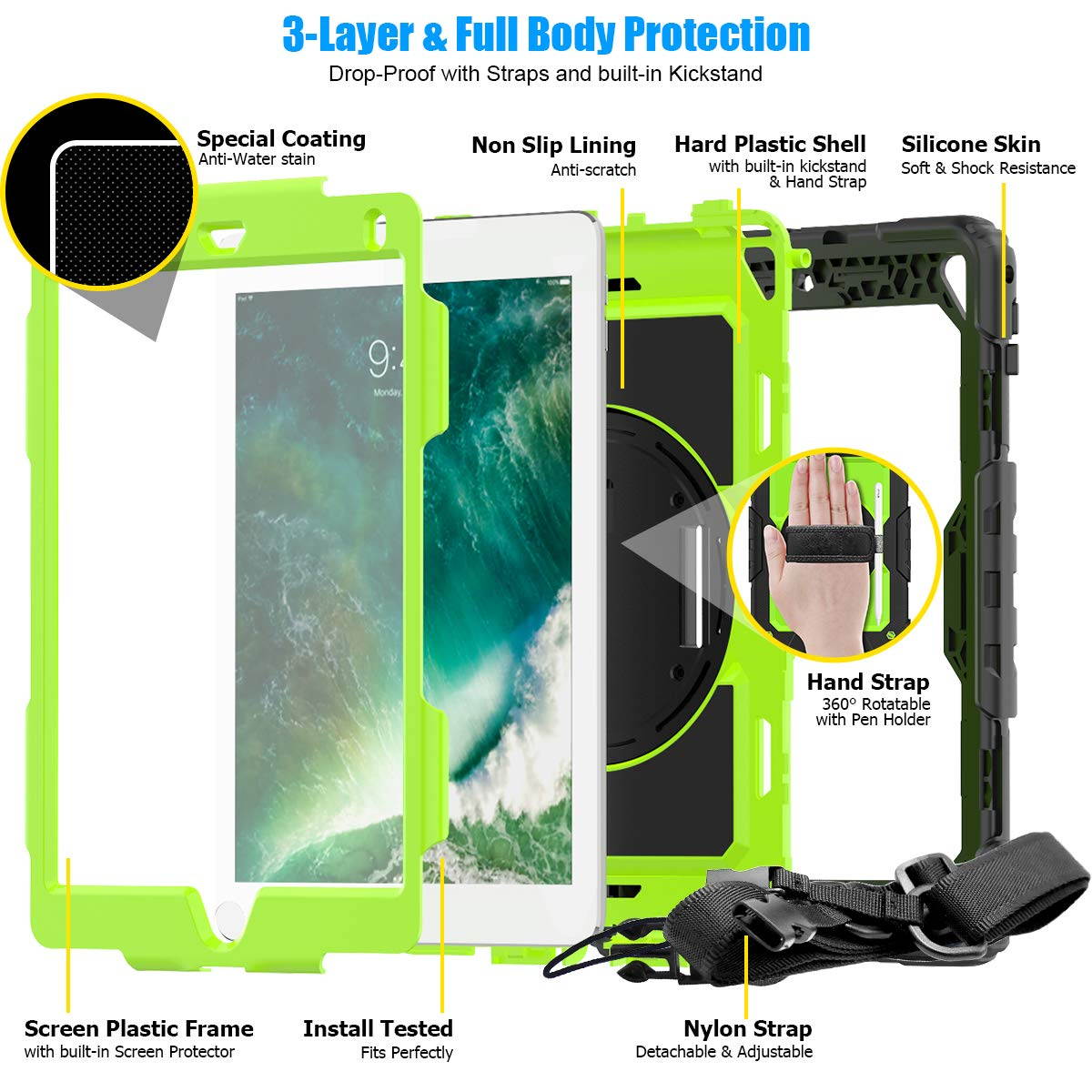 IPad 5th/6th Generation Case,Shockproof, Drop proof, 360 Degree Rotation Kickstand, Hand Strap,Shoulder Strip to Hang in Car Seat.Built-in Screen Protector for New iPad 9.7 2018/2017 Case