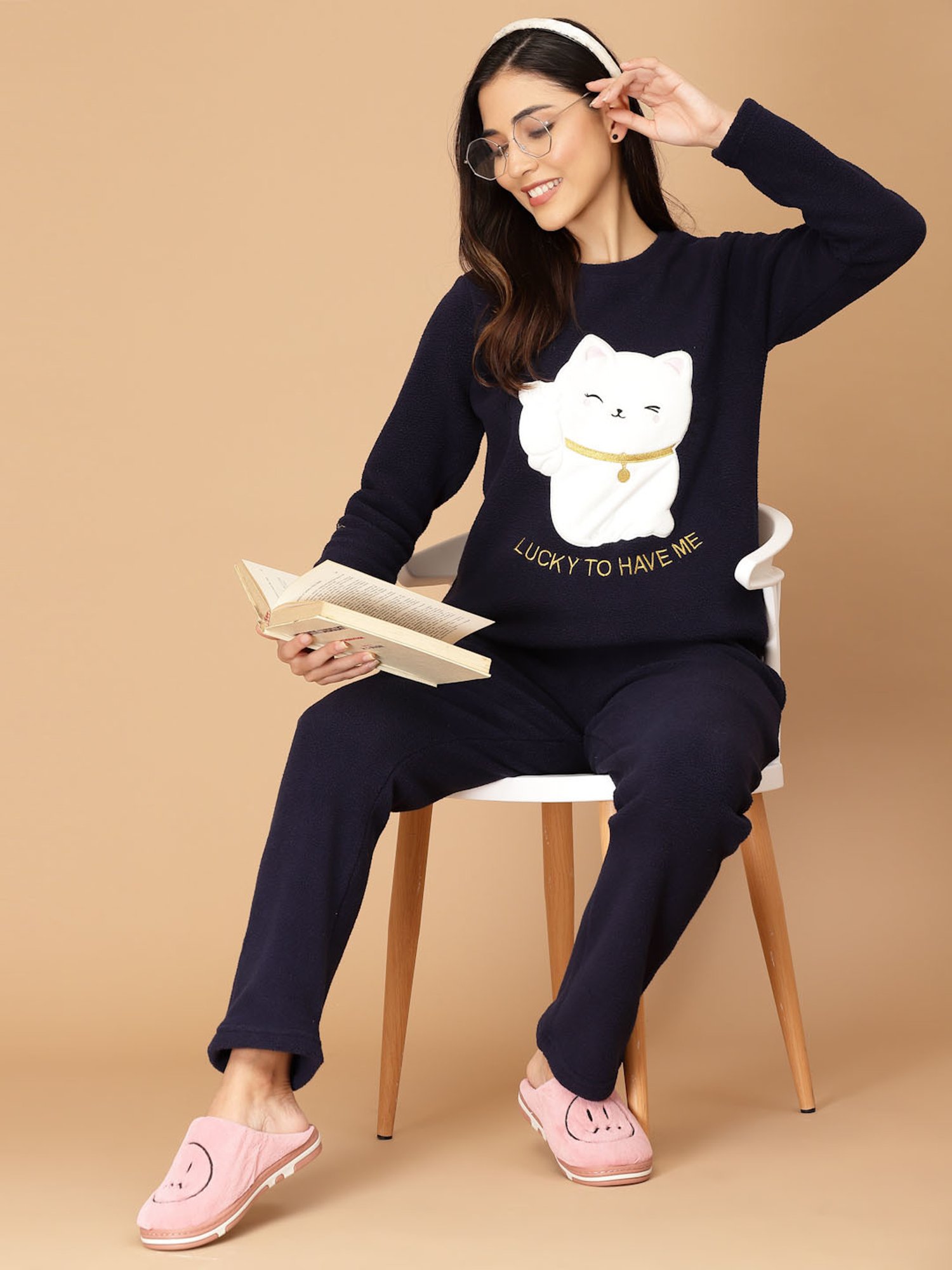 Sweet Dreams Navy Fleece Printed Winterwear Top With Pyjamas