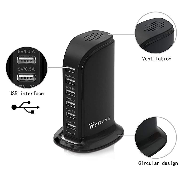 Tower Power Adapter 6Port Smart IC Tech Charging Station with Quick Charge 21 for Phone Tablets and More Black