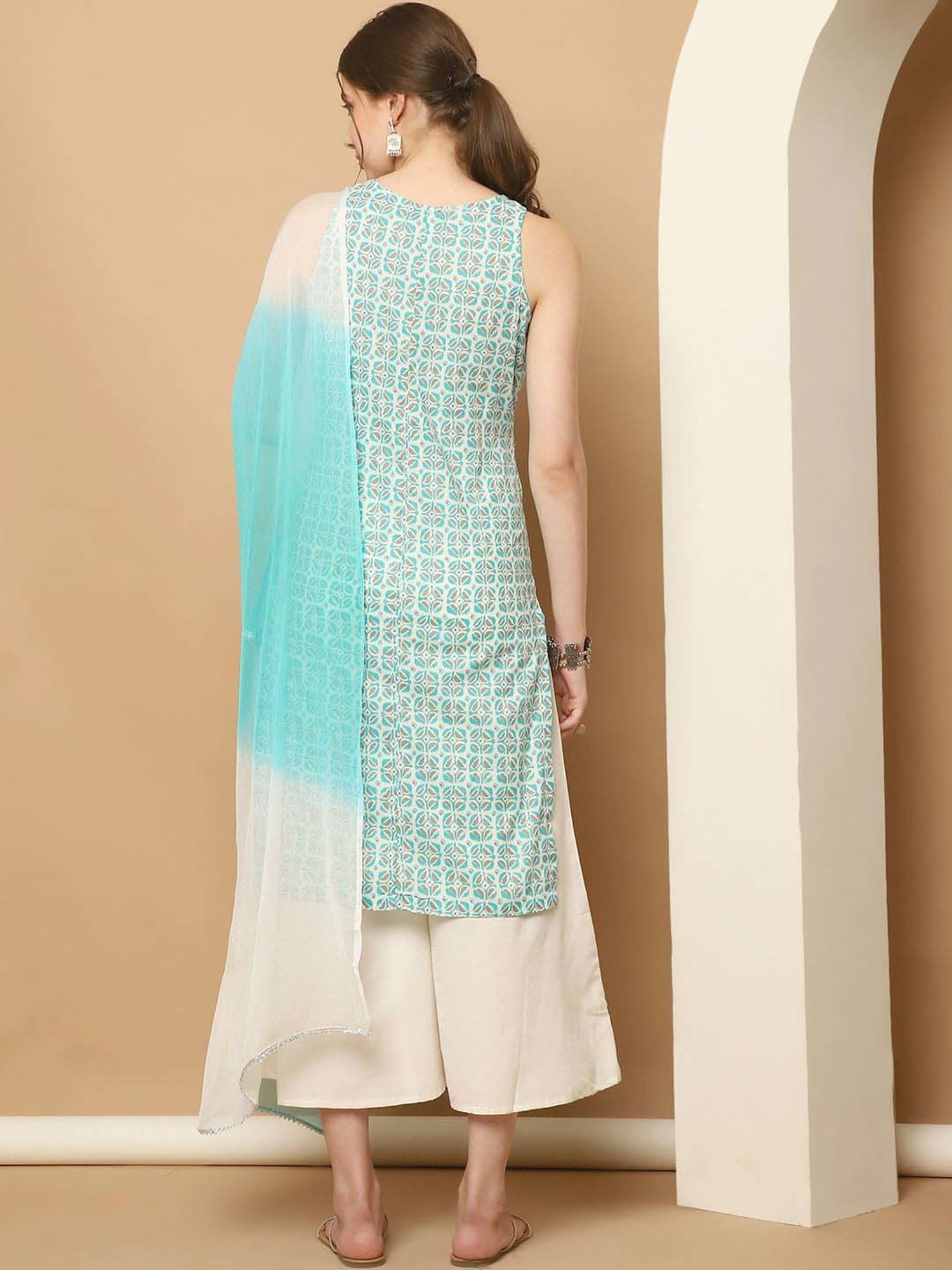 Jompers Blue & White Printed Kurta Palazzo Set With Dupatta