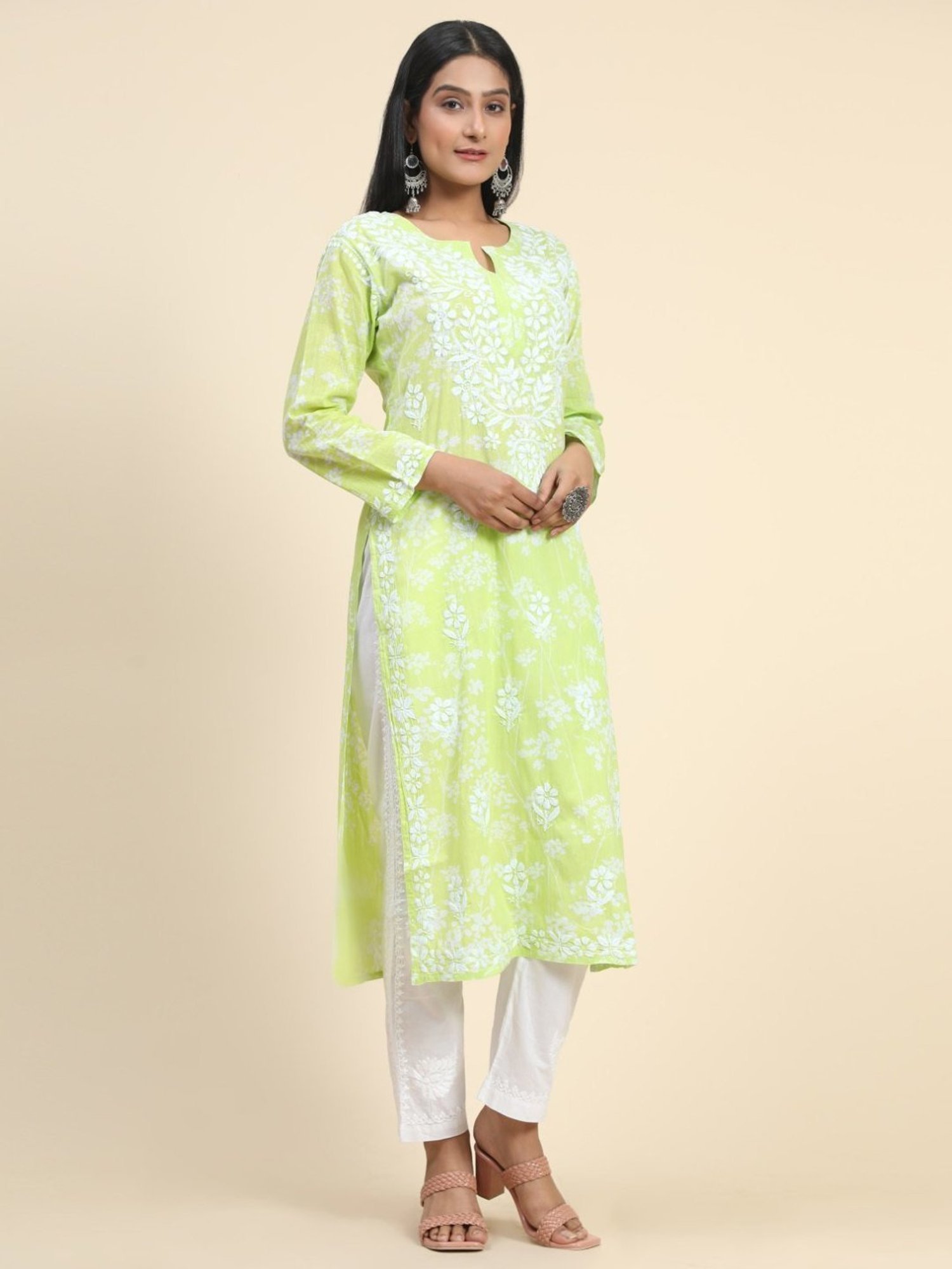 House Of Kari Noor Printed Emb Kurta in Mul-Yellow Green