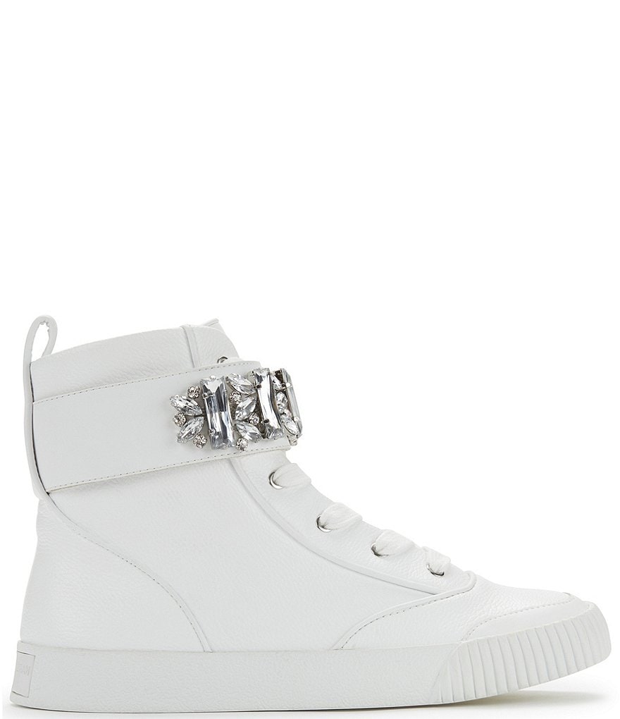 KARL LAGERFELD PARIS Jeren Lace Rhinestone Ankle Strap Leather Sneakers