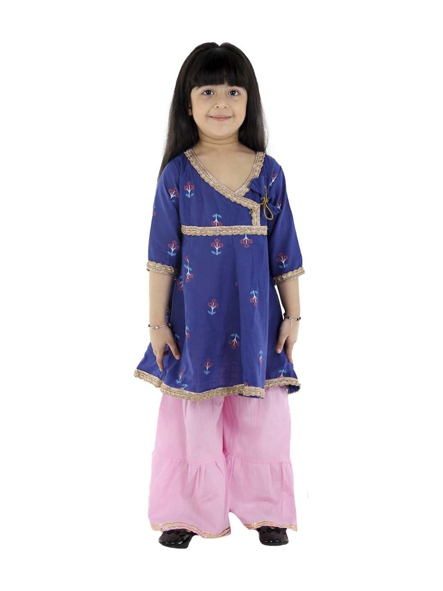 Ahhaaaa Kids Blue & Pink Cotton Floral Print Anarkali Set