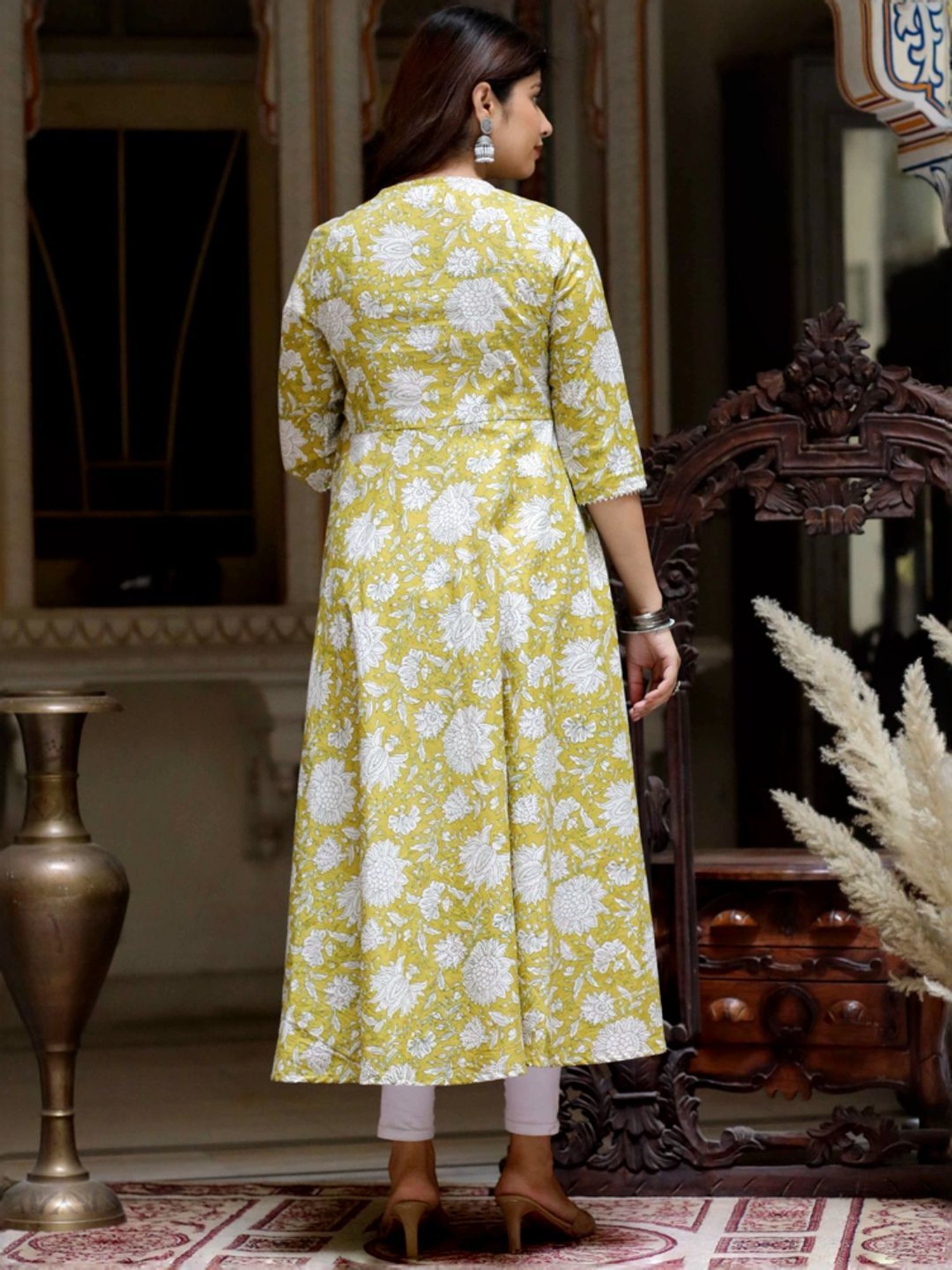 Miravan Green Cotton Angrakha Floral Print Kurta