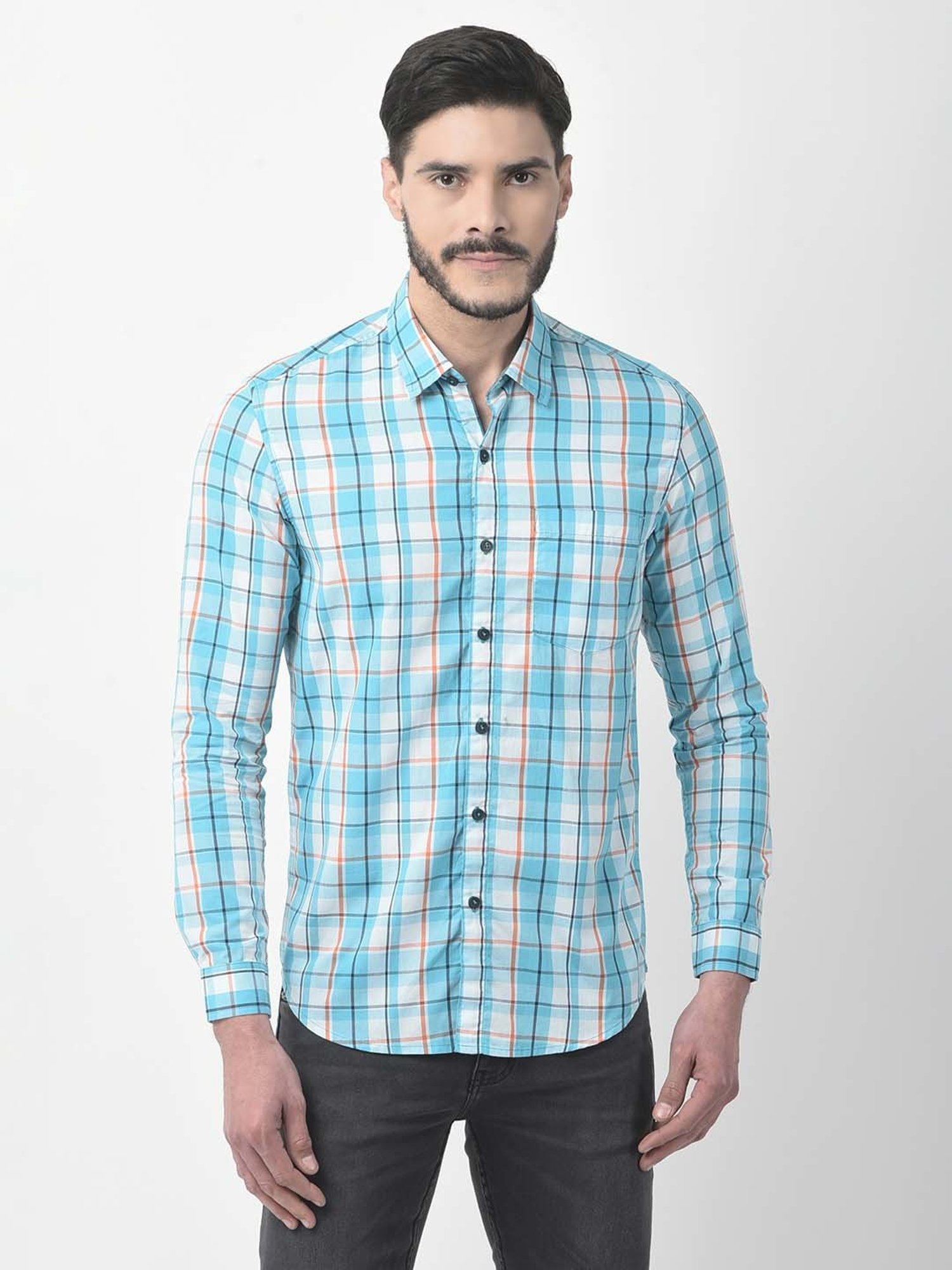 NUMERO UNO Sea Green Slim Fit Check Shirt