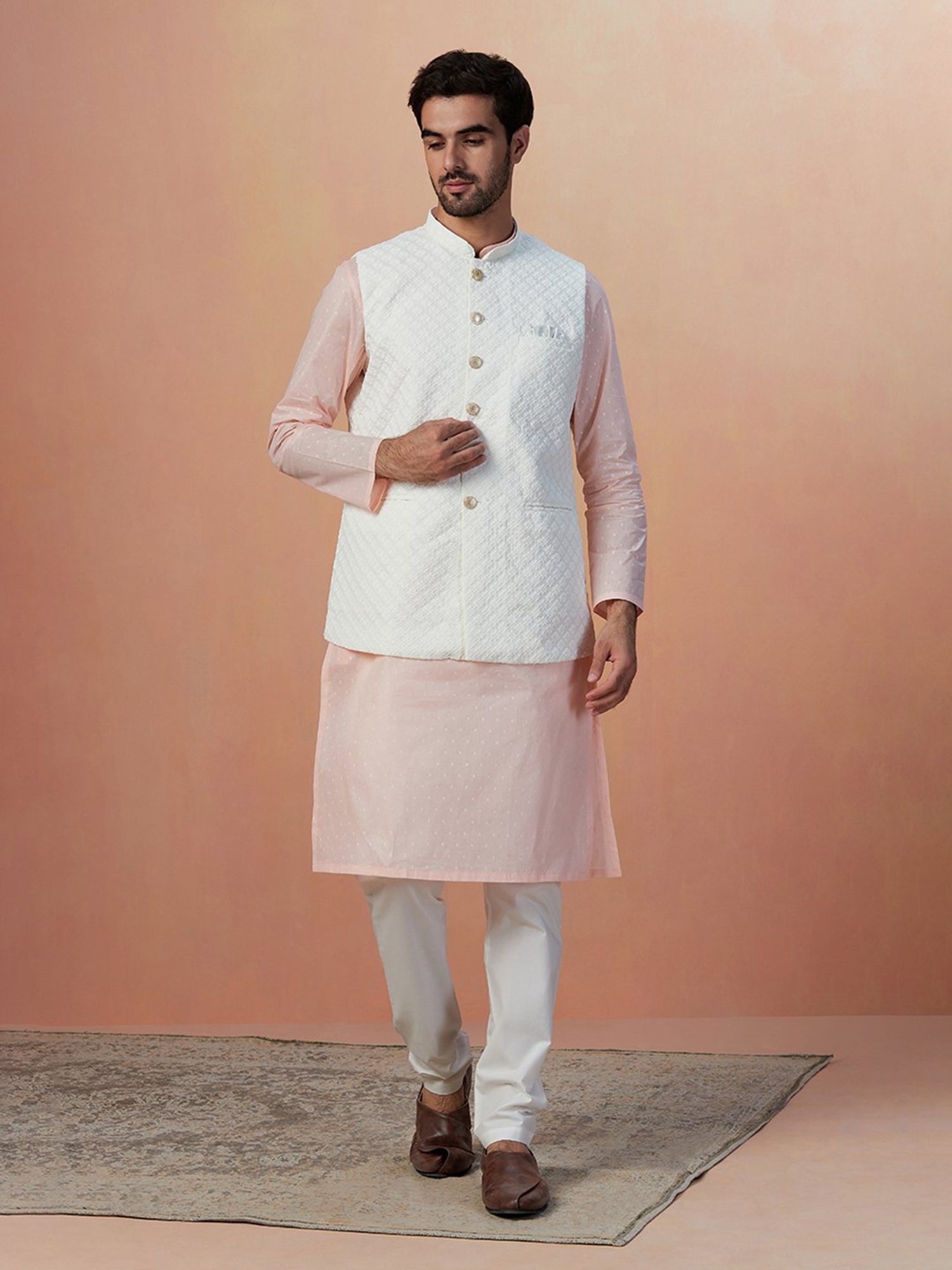 Manyavar Light Beige Regular Fit Embroidered Nehru Jacket
