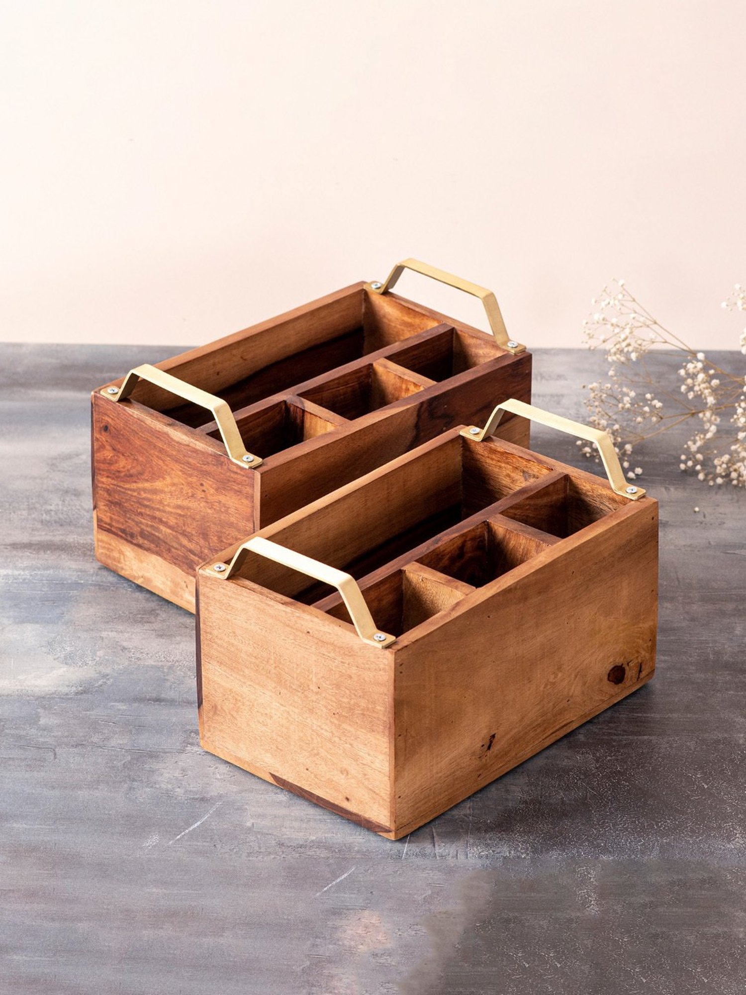 Nestroots Brown Teak Wood Cutlery Holder - Set of 2