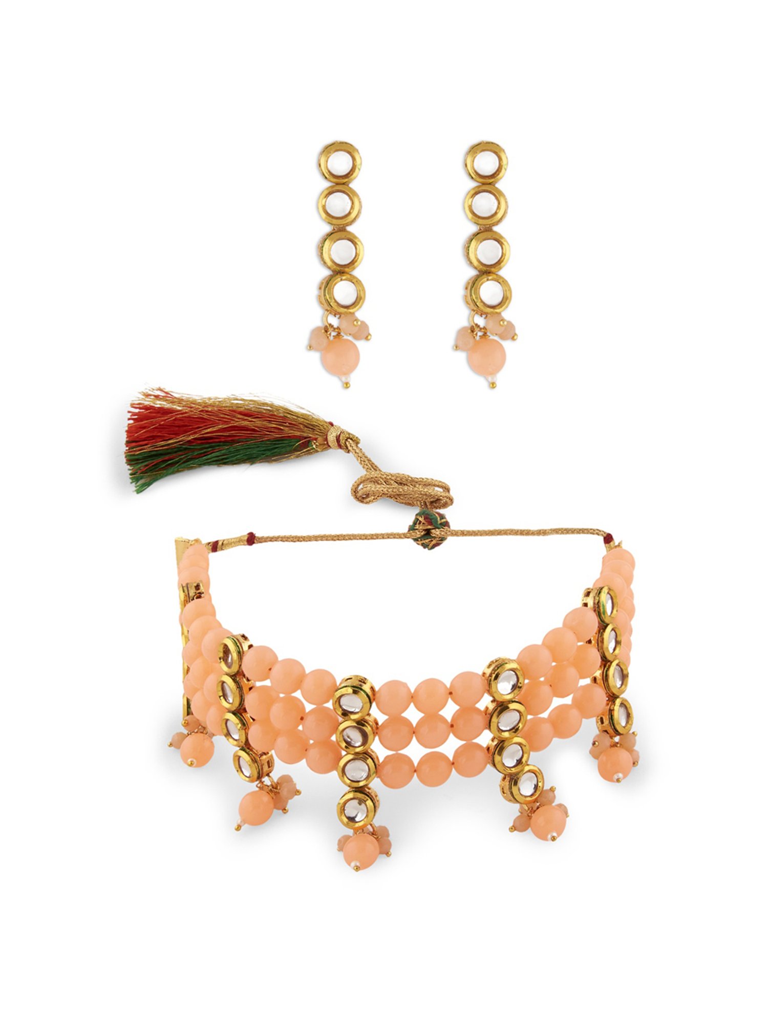 Zaveri Pearls Peach Multistrand Beaded Kundan Necklace & Earring Set