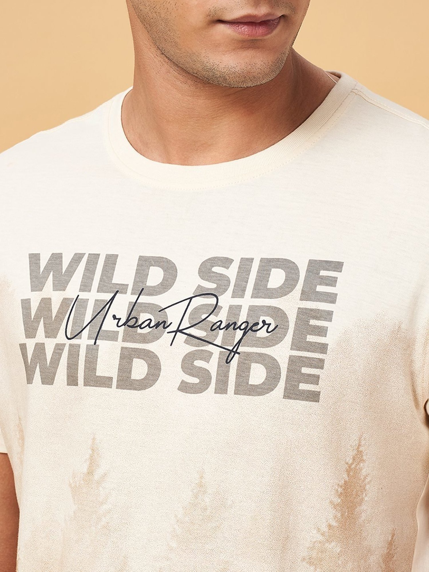 Urban Ranger by Pantaloons Cream Cotton Slim Fit Printed T-Shirt