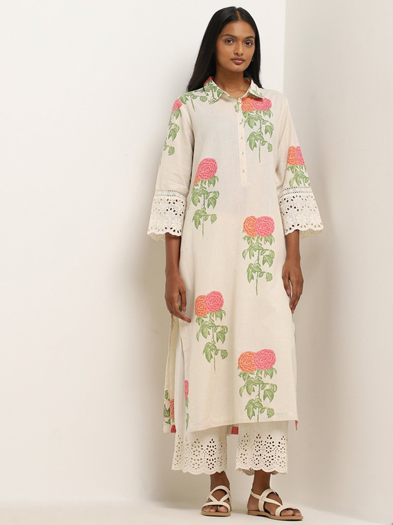 Utsa by Westside Pink Floral Pattern A-Line Cotton Blend Kurta