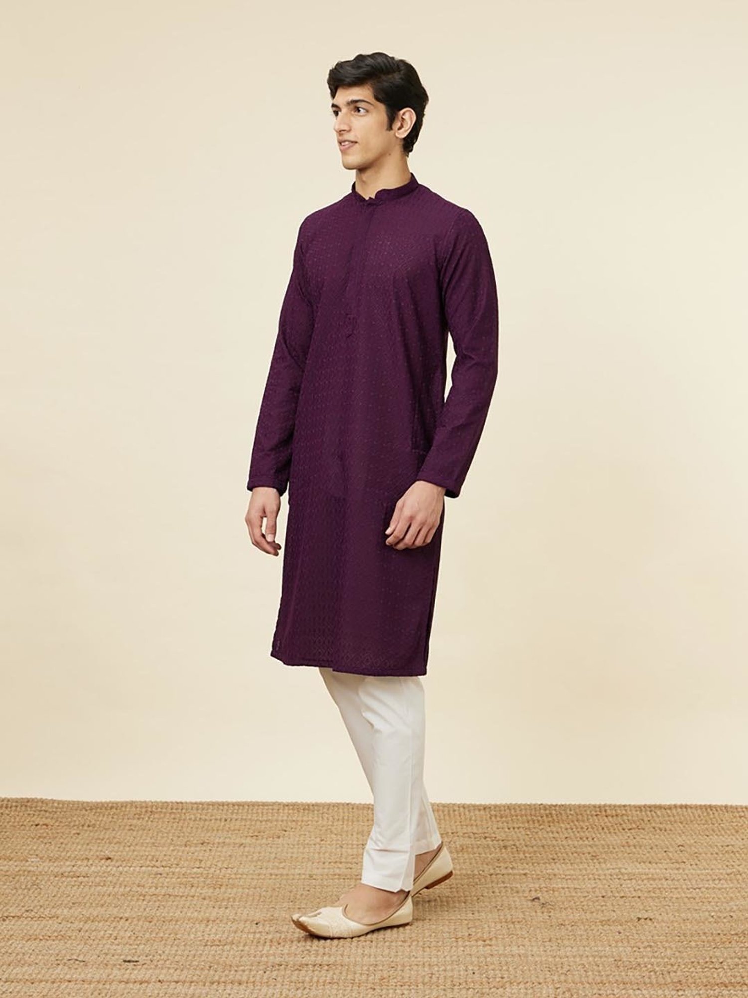Manyavar Purple & White Regular Fit Embroidered Kurta & Pyjamas Set