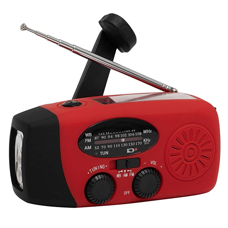 Weather Radio Solar Emergency Hand Crank Self Powered AMFMSolar Radios with 3 LED Flashlight 1000mAh Smart Phone Charger Power BankRed