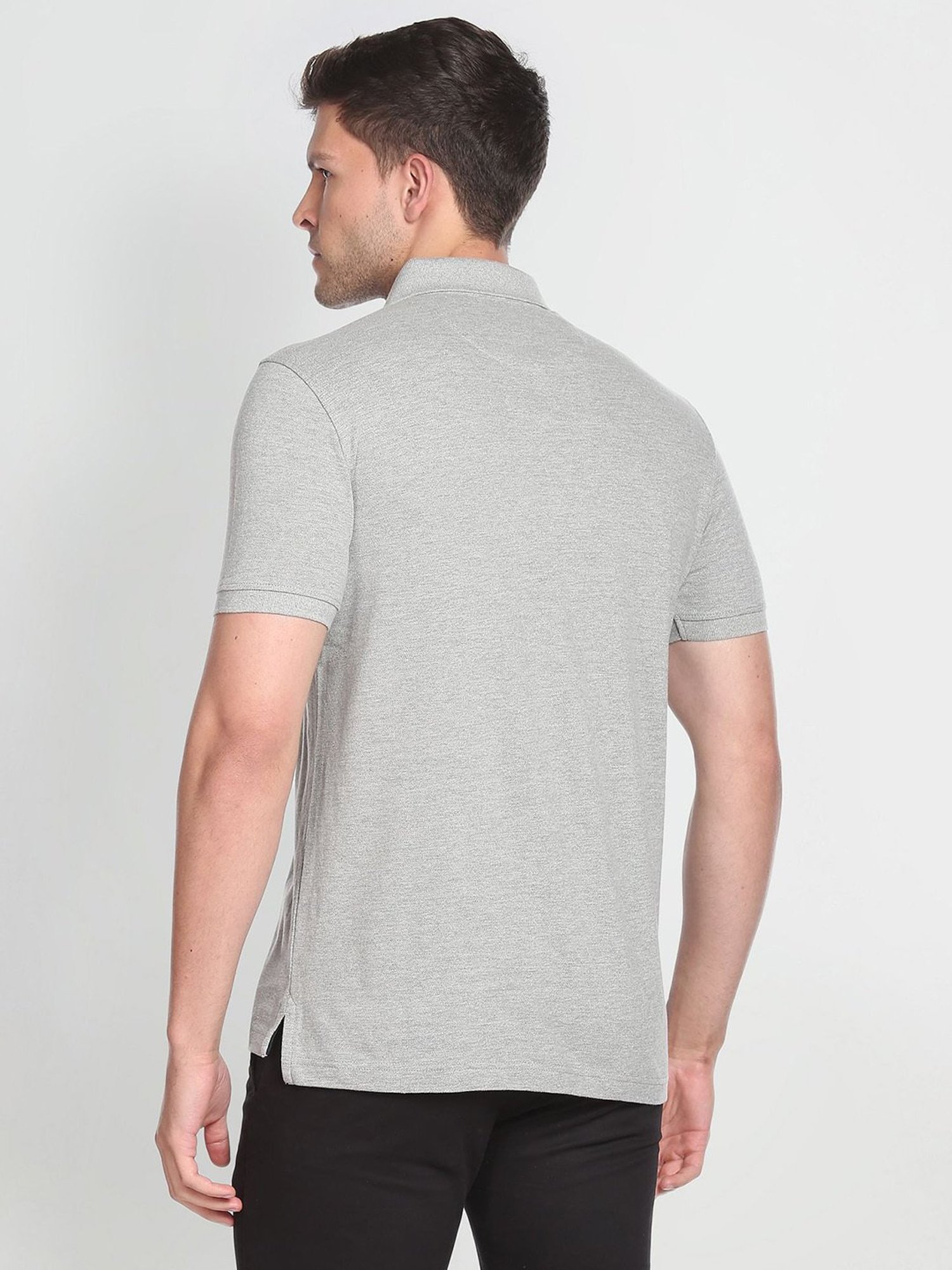 Arrow Sport Dark Grey Cotton Regular Fit Striped Polo T-Shirt