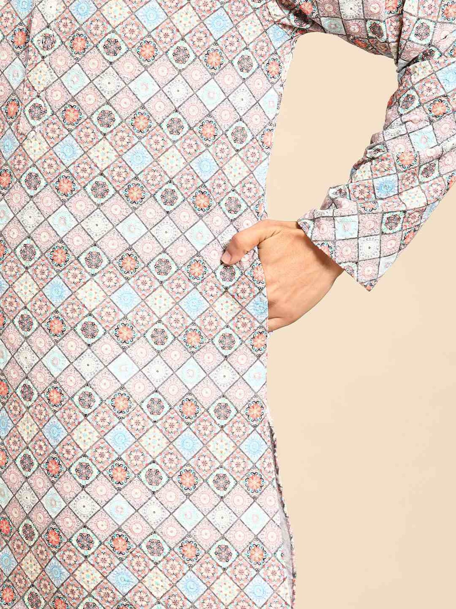 ManQ Multicolored Pure Cotton Regular Fit Embroidered Kurta Bottom Set