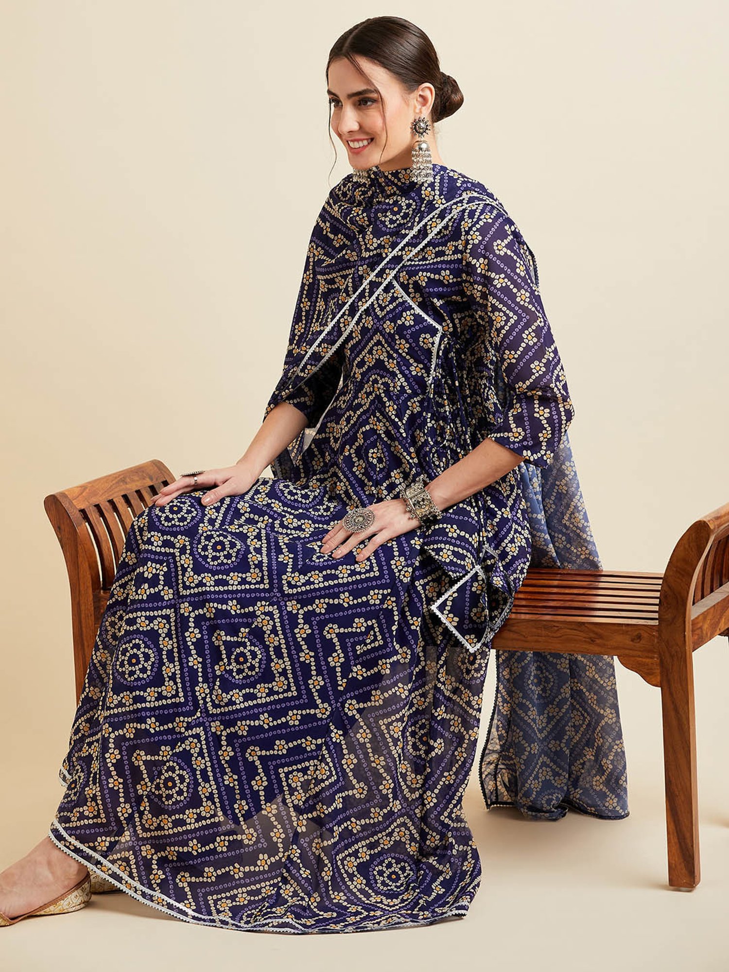 PANIT Blue Printed Ethnic Dress With Dupatta