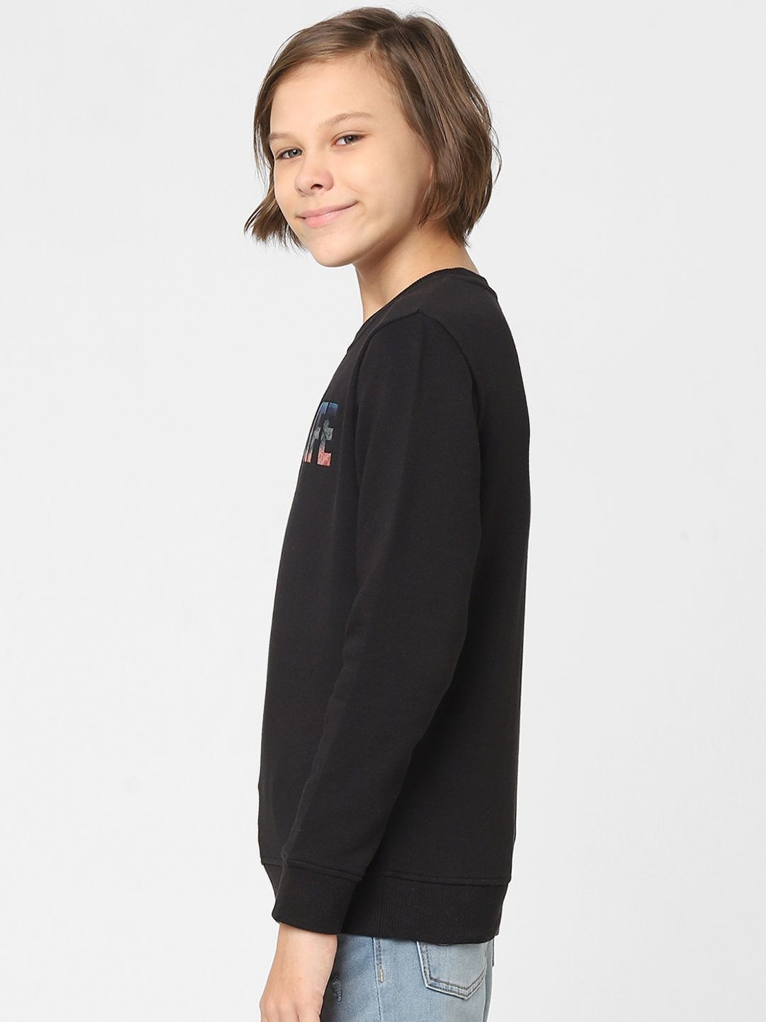 Jack & Jones Junior Black Cotton Printed Full Sleeves Sweatshirt