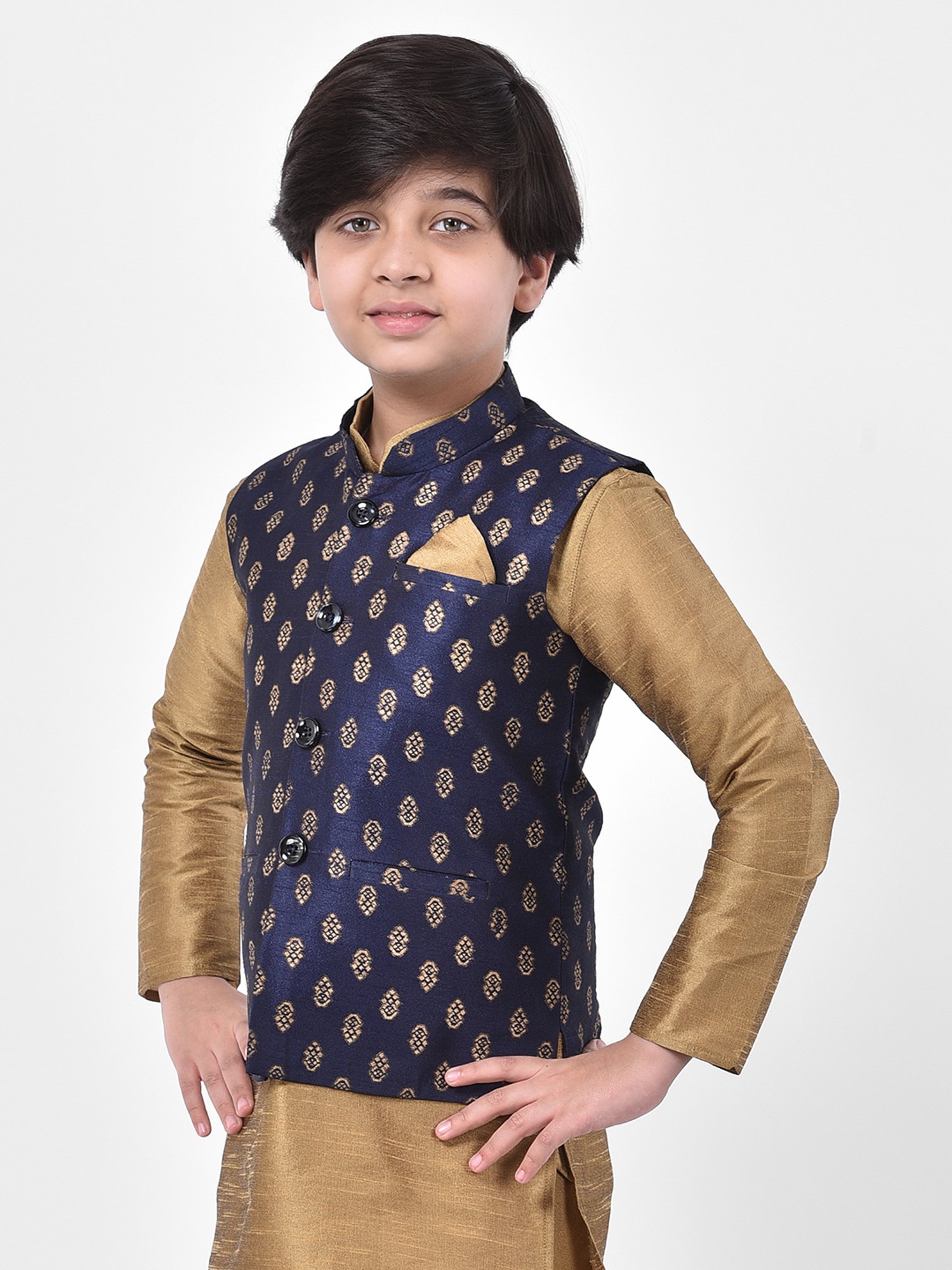 Deyann Kids Navy Embroidered Nehru Jacket