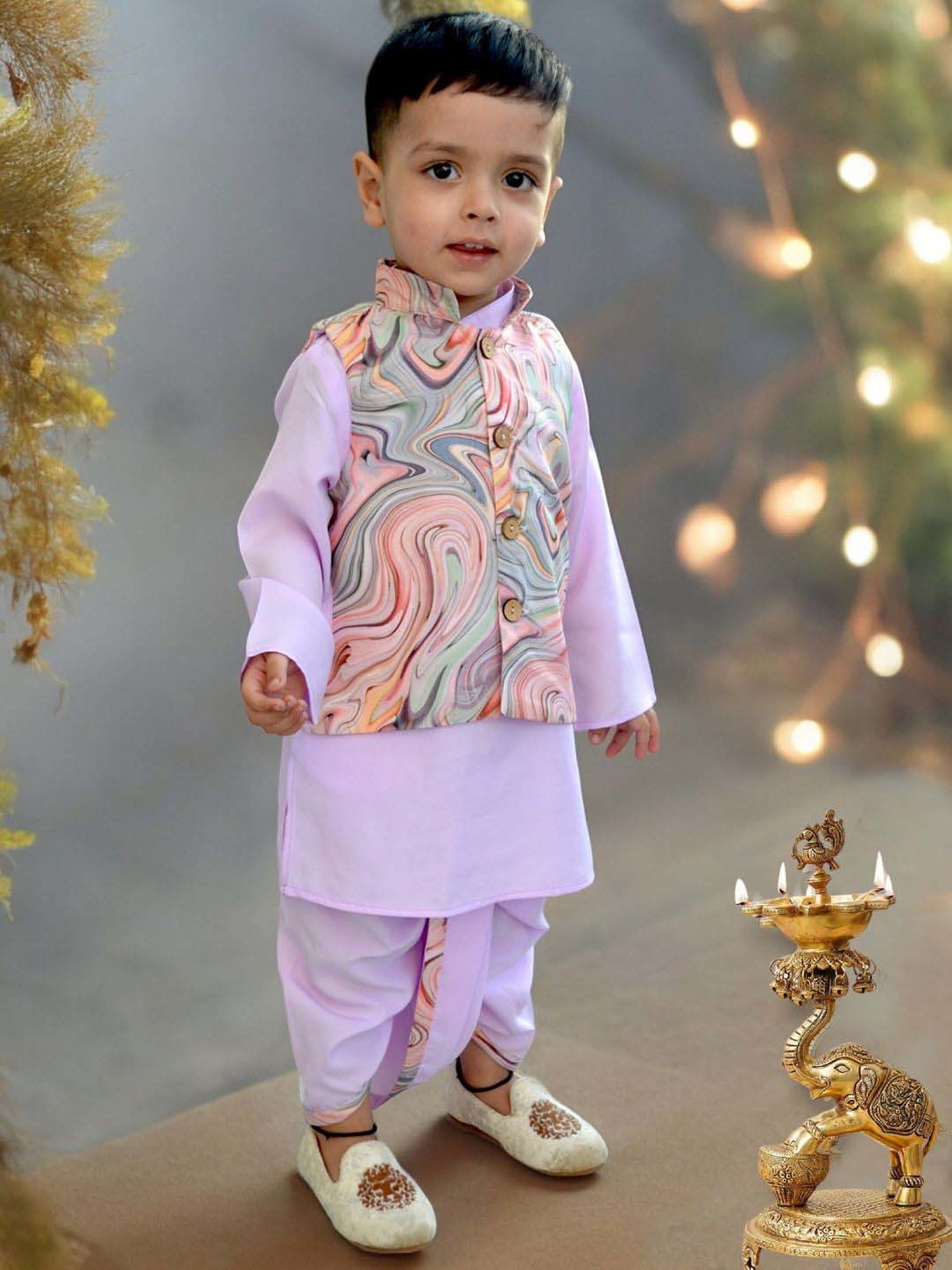 VASTRAMAY Boys Yellow & White Cotton Printed Full Sleeves Kurta Sets