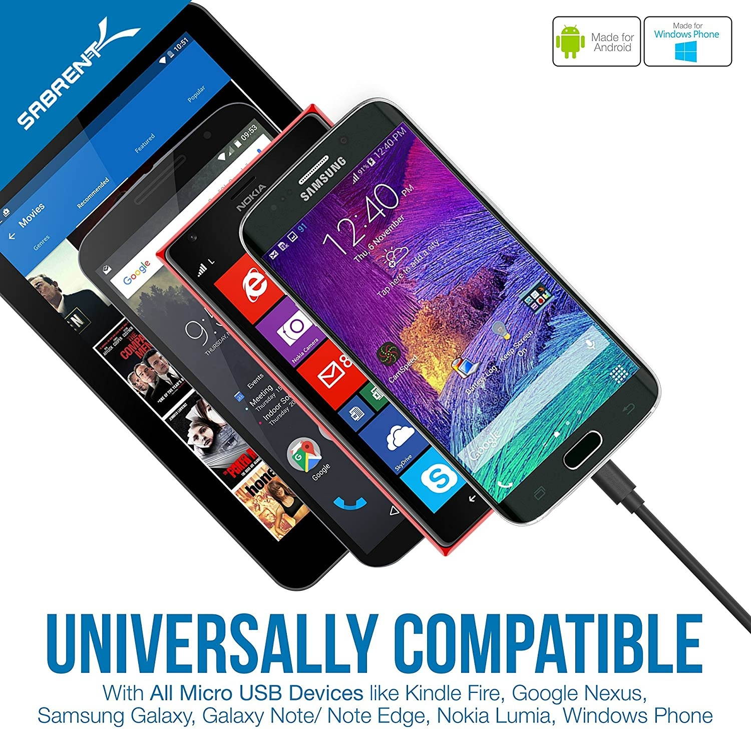 Sabrent 4-Port USB 2.0 Hub with Individual LED lit Power Switches + [6-Pack] 22AWG Premium 3ft Micro USB Cables High Speed USB 2.0 A Male to Micro B Sync and Charge Cables