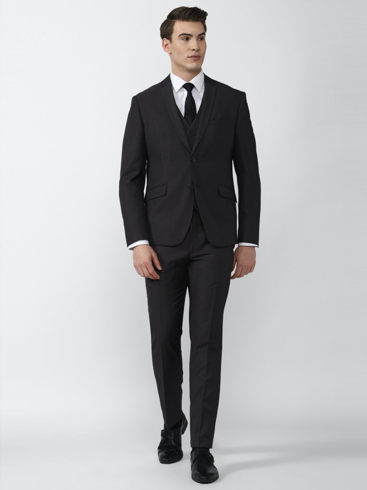 V Dot Black Skinny Fit Three Piece Suit
