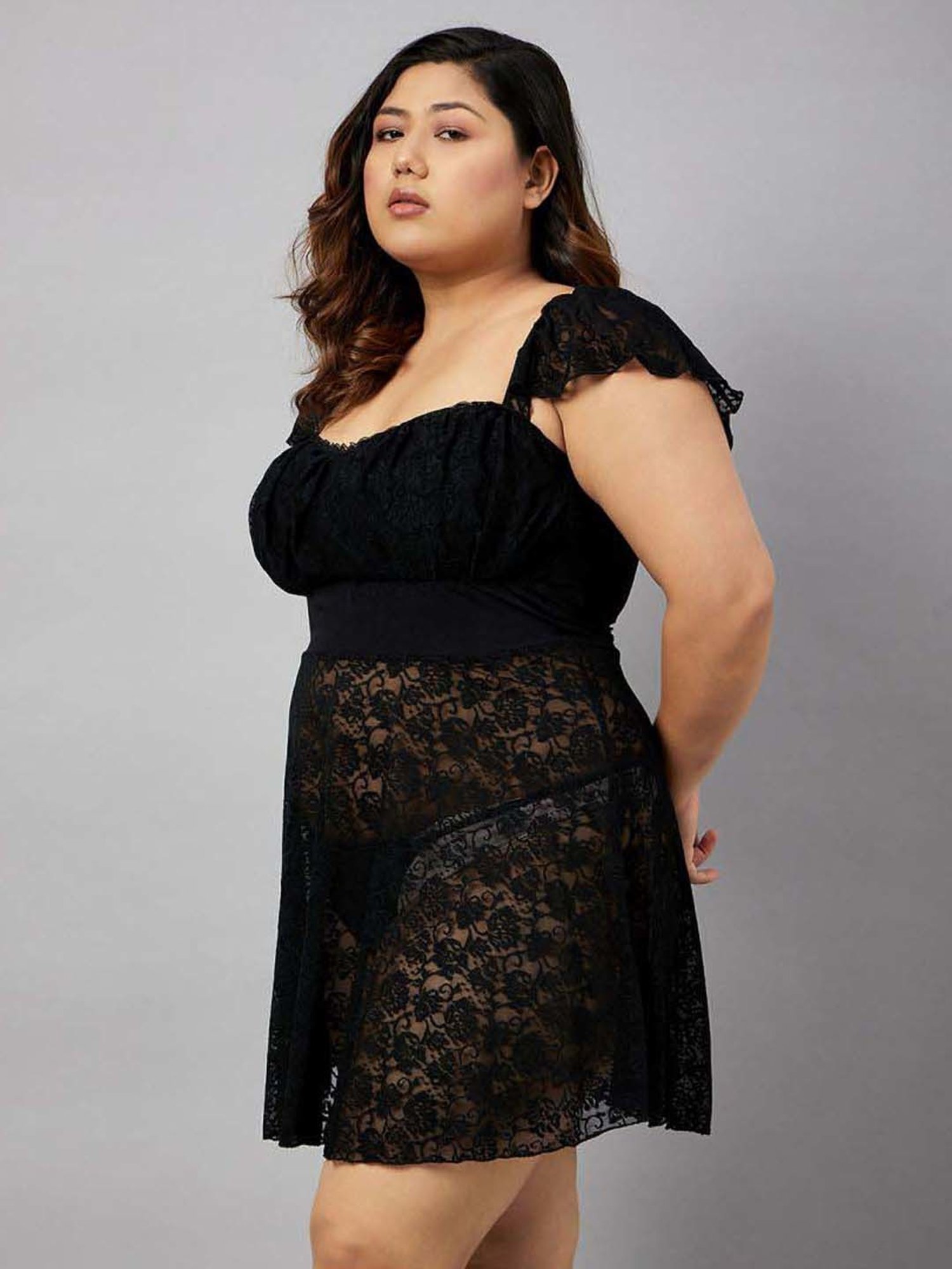 Secrets By ZeroKaata Black & Blue Lace Work Babydoll with Panty - Pack Of 2