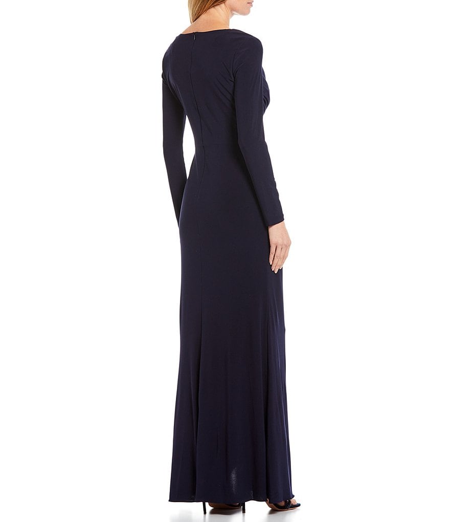 Betsy & Adam Long Sleeve Surplice V-Neck Side Ruched Gown