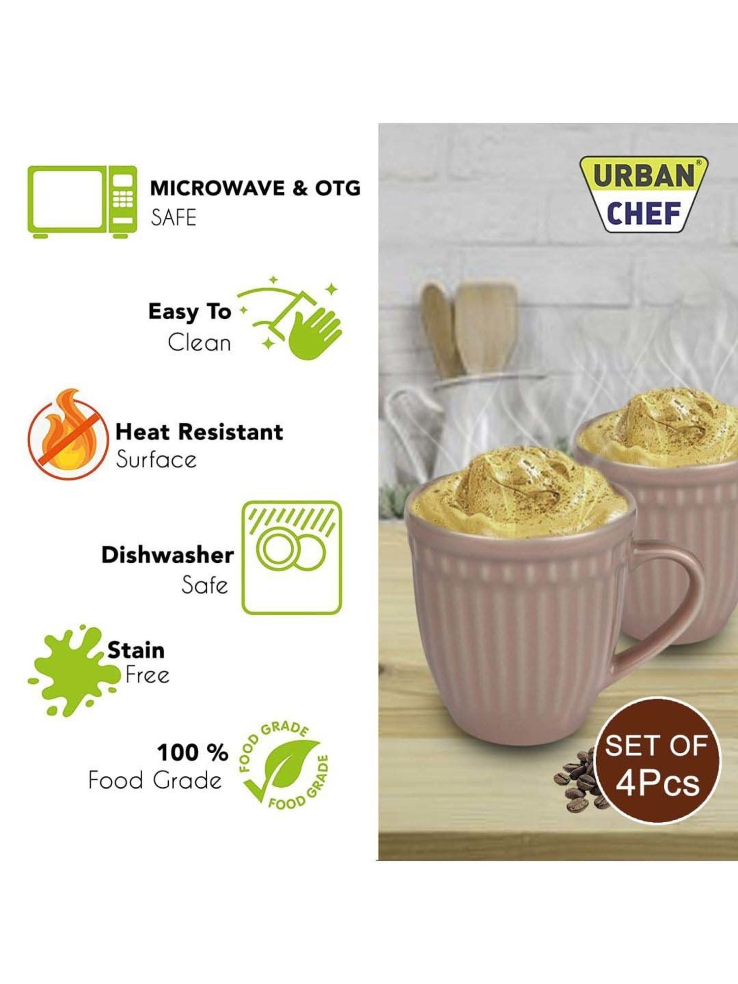 Urban Chef Pink & Green Ceramic Handcrafted Microwave Safe Tea Cup - Set of 4