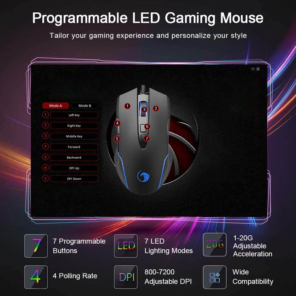 Wired Gaming Mouse, 7200 DPI, 7 Programmable Buttons, LED Backlit, Ergonomic Optical PC, Comfortable Computer Gaming Mice for Windows 7/8/10/XP Vista Linux, Black