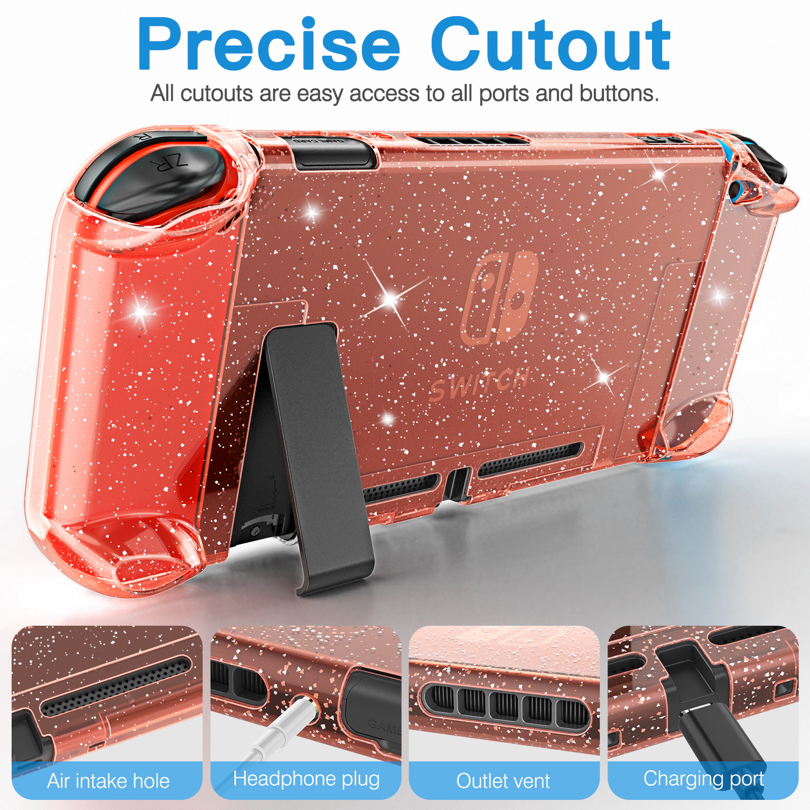 HEYSTOP Case Compatible with Nintendo Switch Dockable, Protective PC Cover Compatible with Nintendo Switch and Joy Con Controller with a Switch Screen Protector and 4 Thumb Stick Caps (Red Glitter)