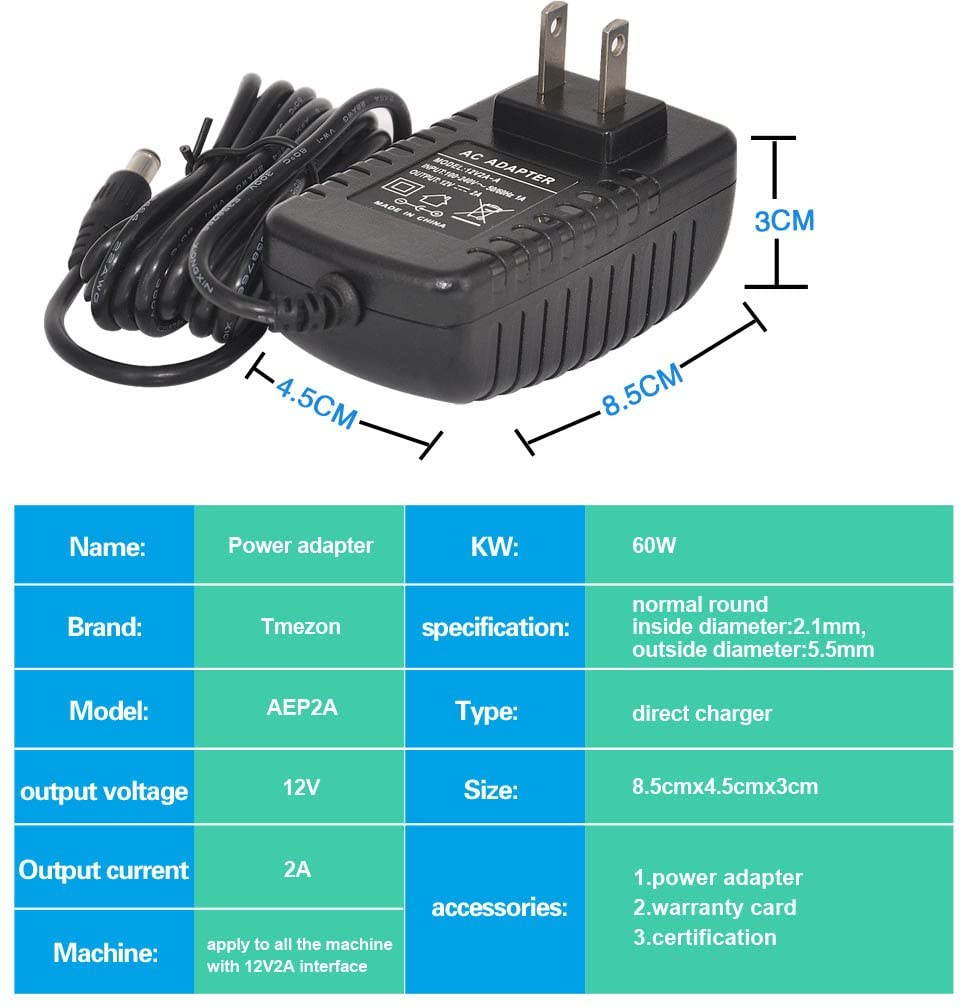 TMEZON 12 Volt 2A Power Adapter Supply AC to DC 2.1mm X 5.5mm Plug 12v 2 Amp Power Supply Wall Plug Extra Long 8 Foot Cord