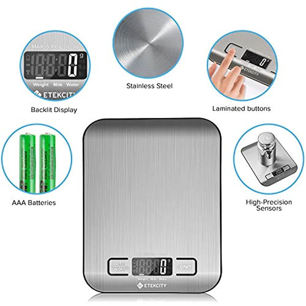 Etekcity Digital Kitchen Scale Multifunction Food Scale, 11 lb 5 kg, Silver, Stainless Steel (Batteries Included)