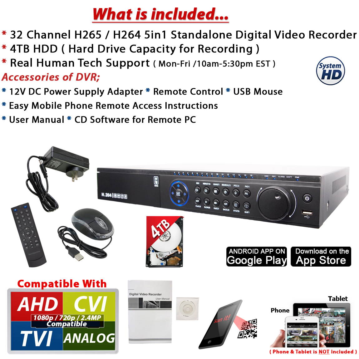 Evertech 32 Channel Digital Video Recorder H.265 TVI AHD CVI Analog easy remote access Home Office Professional Security DVR w/4TB Hard Drive for continuous recording