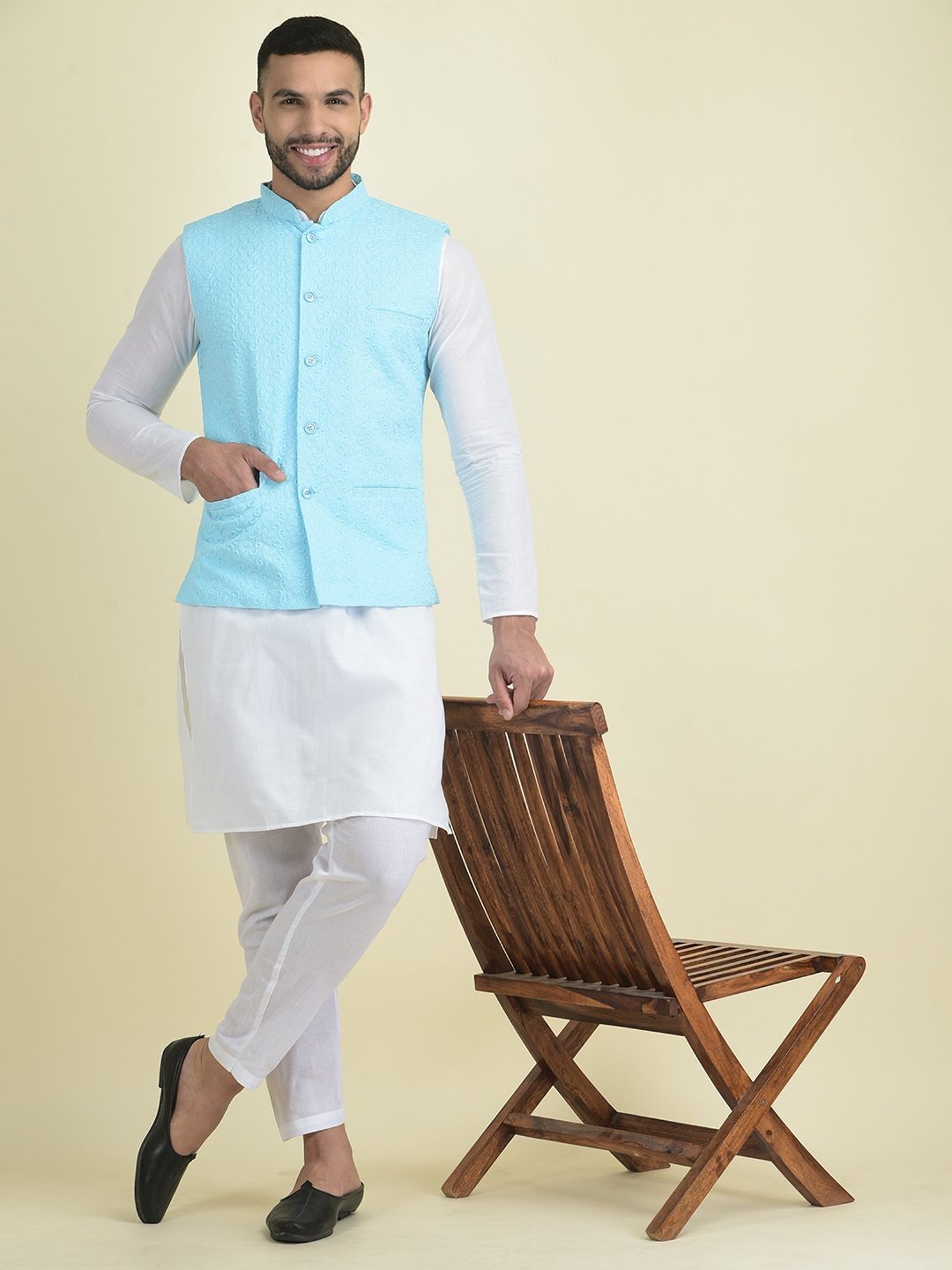Deyann Blue & White Cotton Regular Fit Embroidered Kurta Set With Jacket
