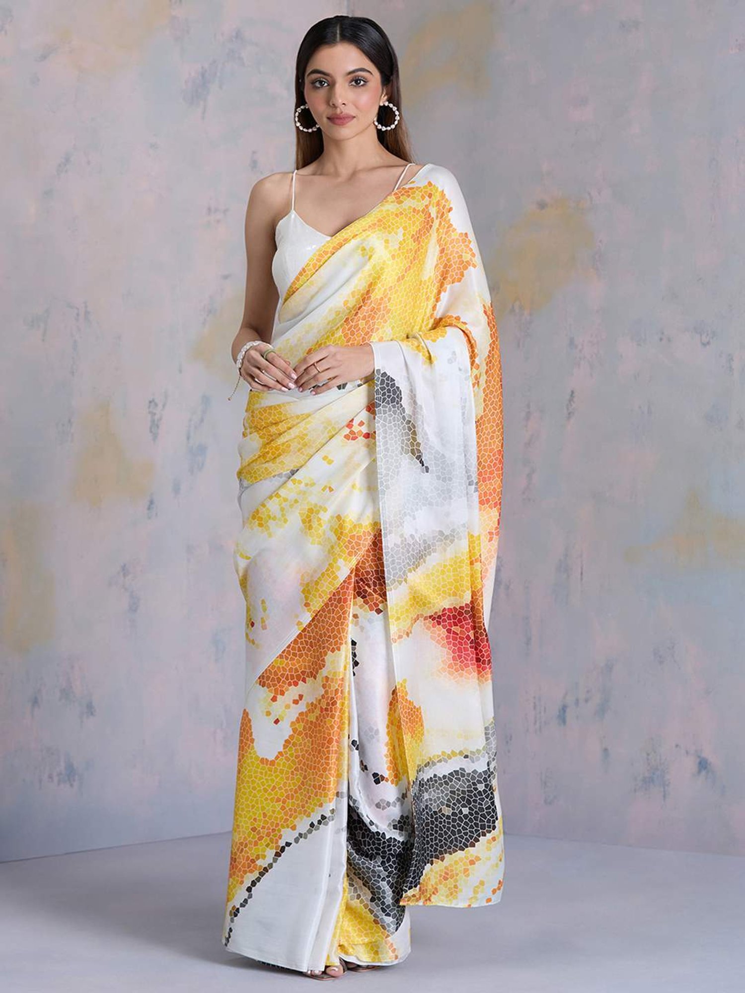 navyasa by liva Orange Printed Saree With Unstitched Blouse