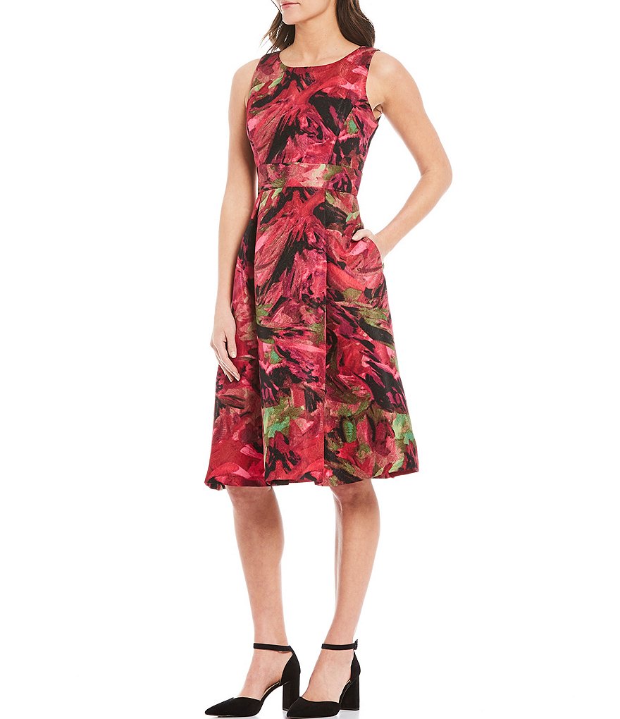 Maison Tara Sleeveless Floral Jacquard Fit and Flare Dress