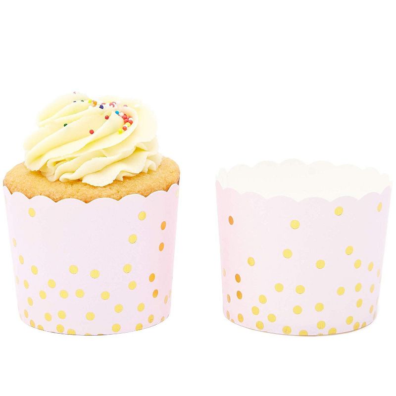 Sparkle and Bash 50 Pack Muffin Liners - Pink and Gold Foil Polka Dots Cupcake Wrappers Paper Baking Cups