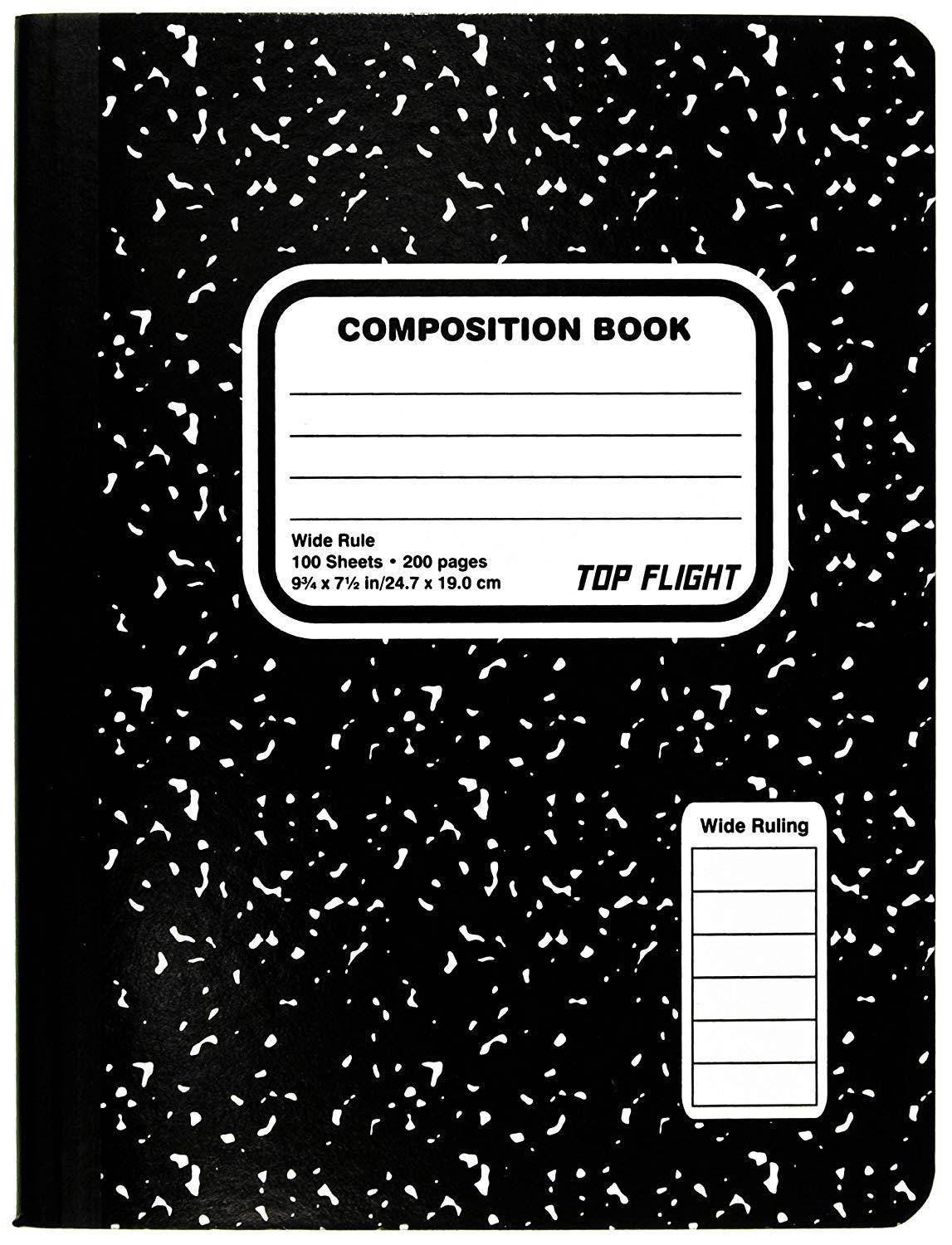 Top Flight Sewn Composition Book, Black and White Marble, Wide Rule, 100 Sheets (41353)