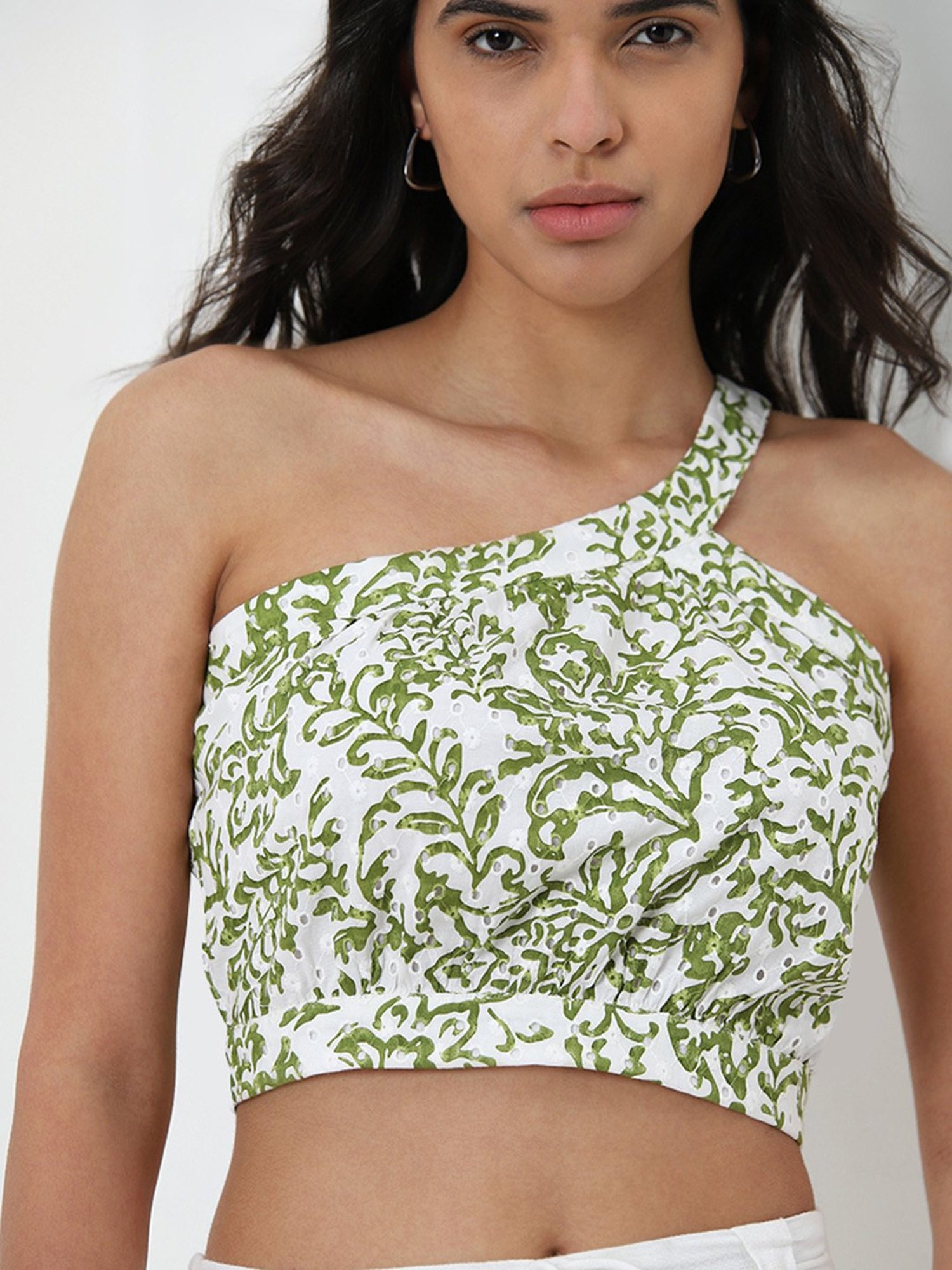 LOV by Westside Green Foliage Design One-Shoulder Cotton Top