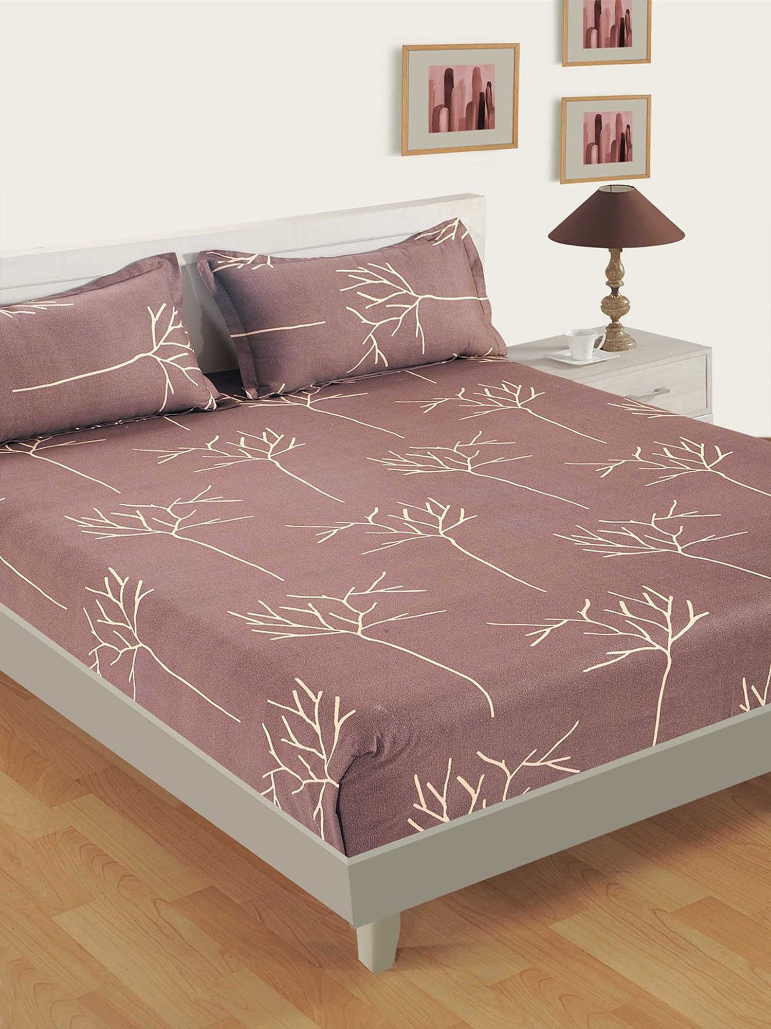 Swayam Printed Brown 250 TC Cotton Queen Bedsheet with 2 Pillow Covers