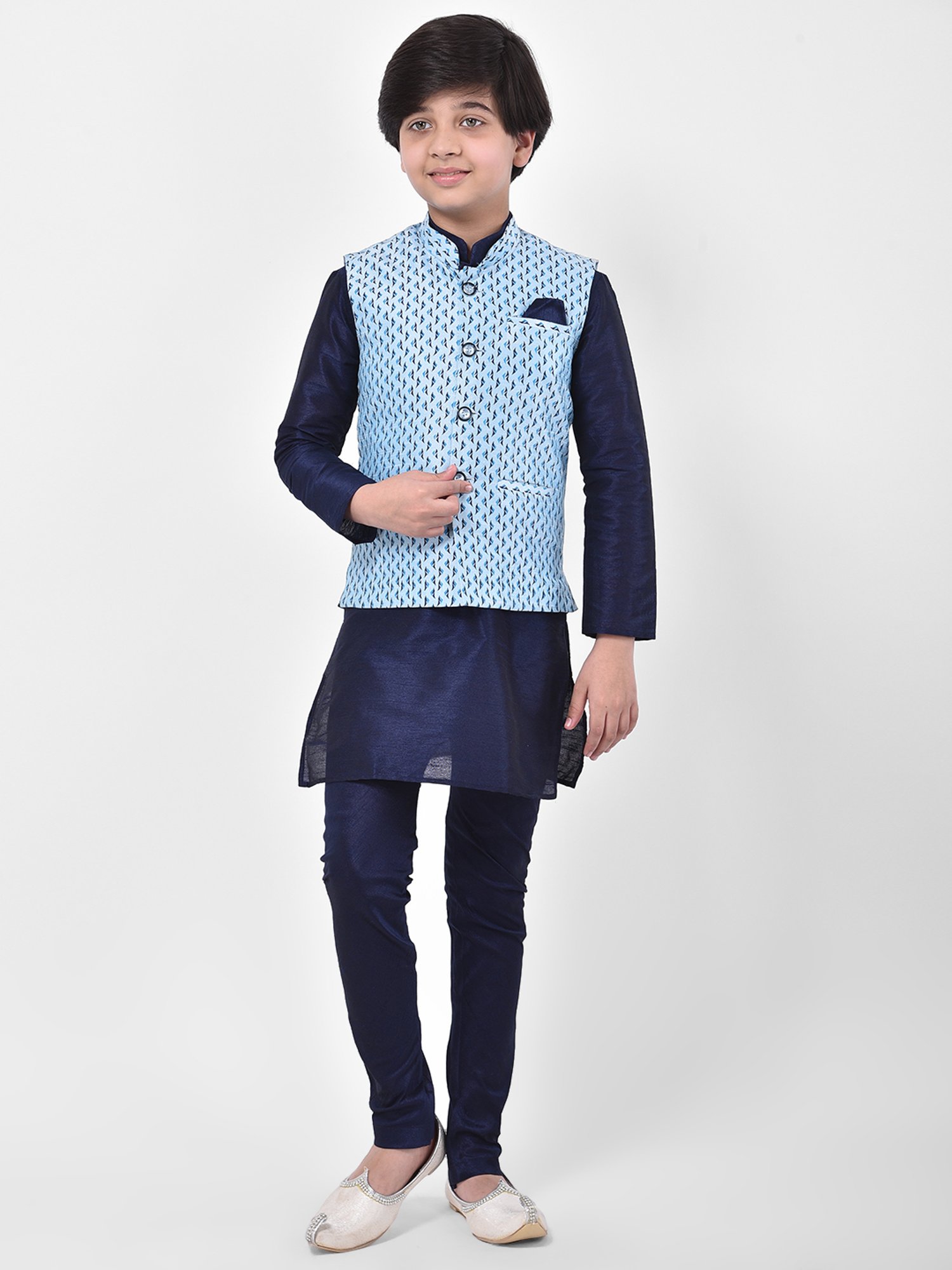 Deyann Kids Blue Printed Full Sleeves Kurta, Churidar Pants with Nehru Jacket