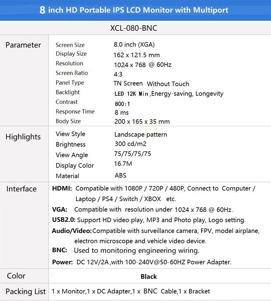 8" 1024x768 HD TN Screen Monitor with HDMI/VGA/USB/AV/RCA/BNC Inputs,  Applied to Various Terminal Display, Such as FPV, PS, XBOX, Car Video, Security & Monitoring Display, 8 inch Dispaly BNC HDMI RCA