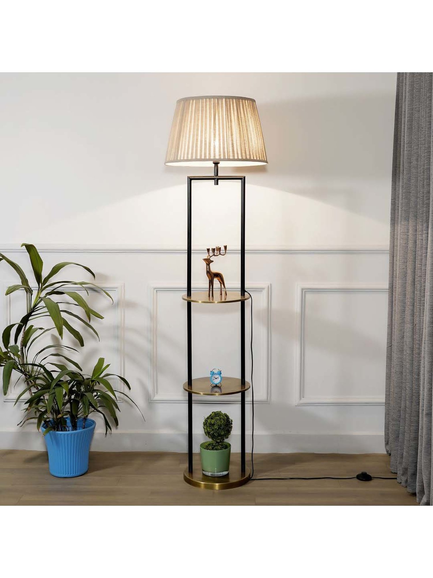 Kapoor E Illuminations Gallow Brass & Black Metal Multiutility Shelf Floor Lamp