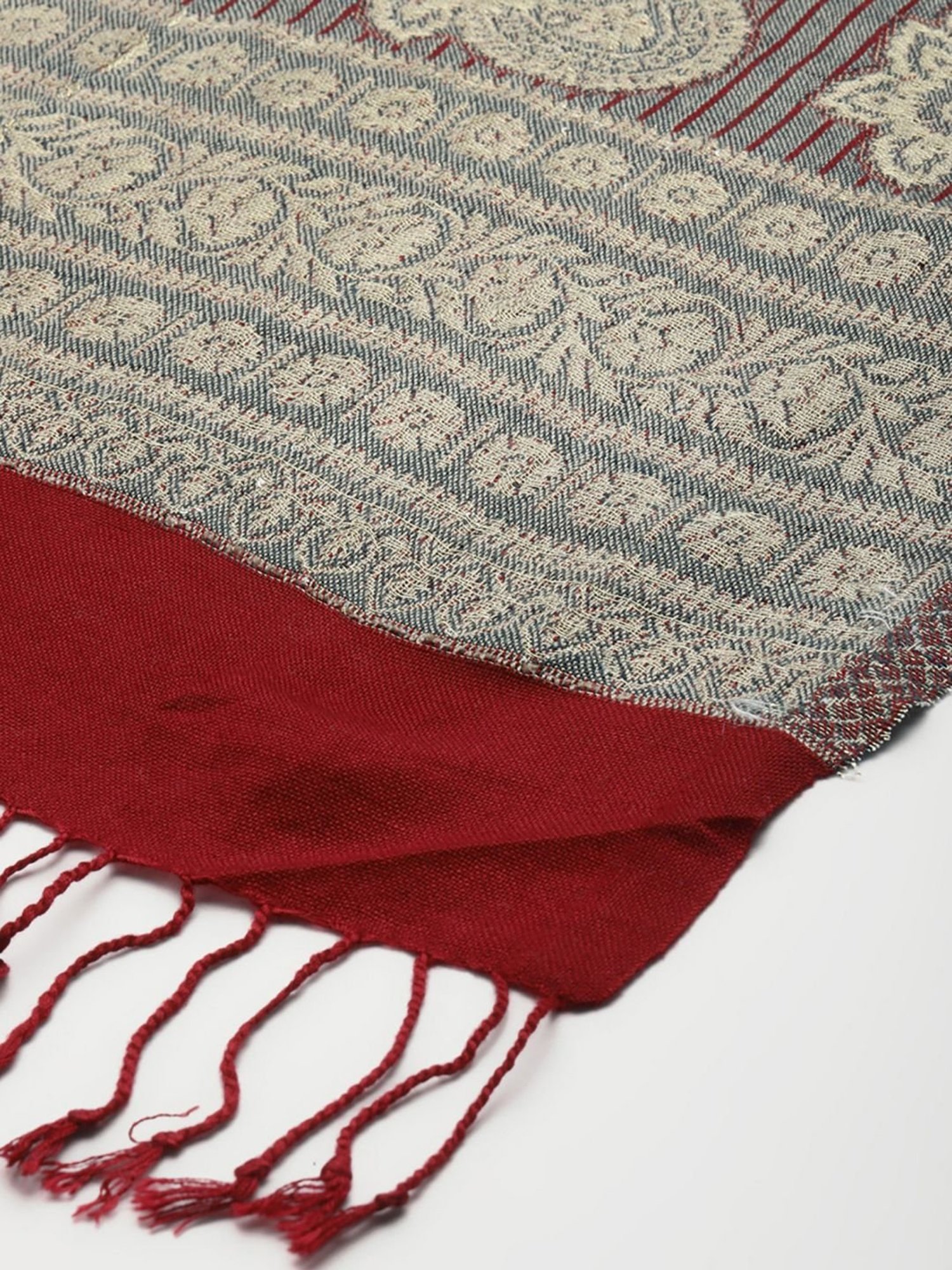 Indo Era Grey & Maroon Woven Pattern Shawl