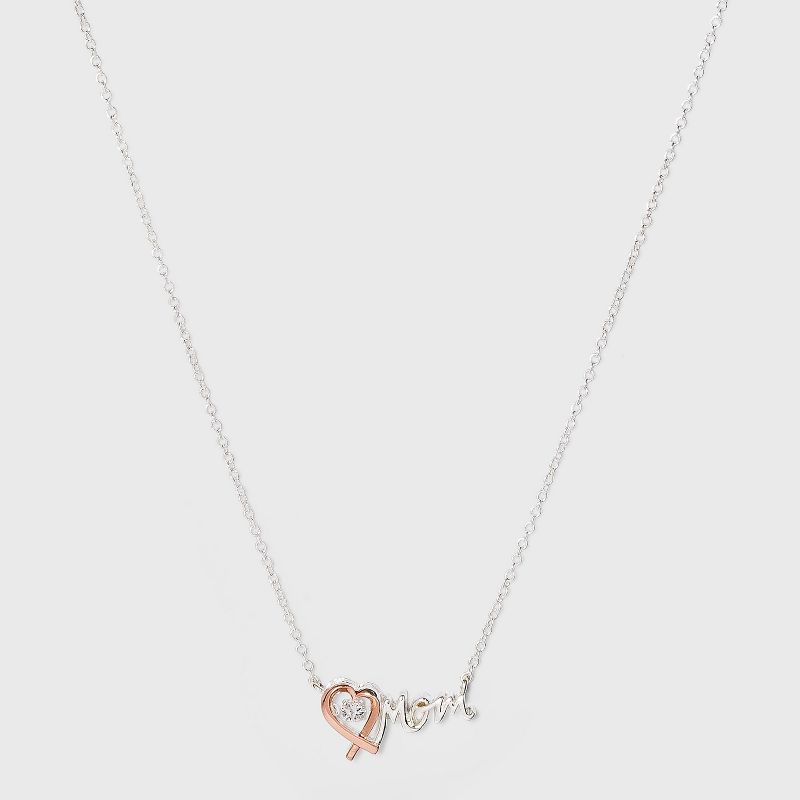 Silver Plated and Rose Gold with Cubic Zirconia 'Mom' Necklace - Silver