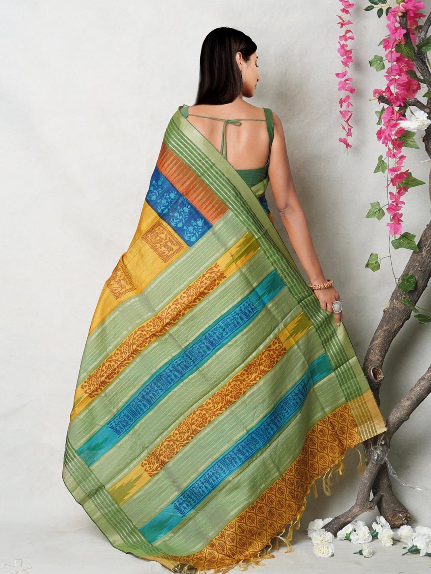 Unnati Silks Yellow Silk Printed Saree With Unstitched Blouse